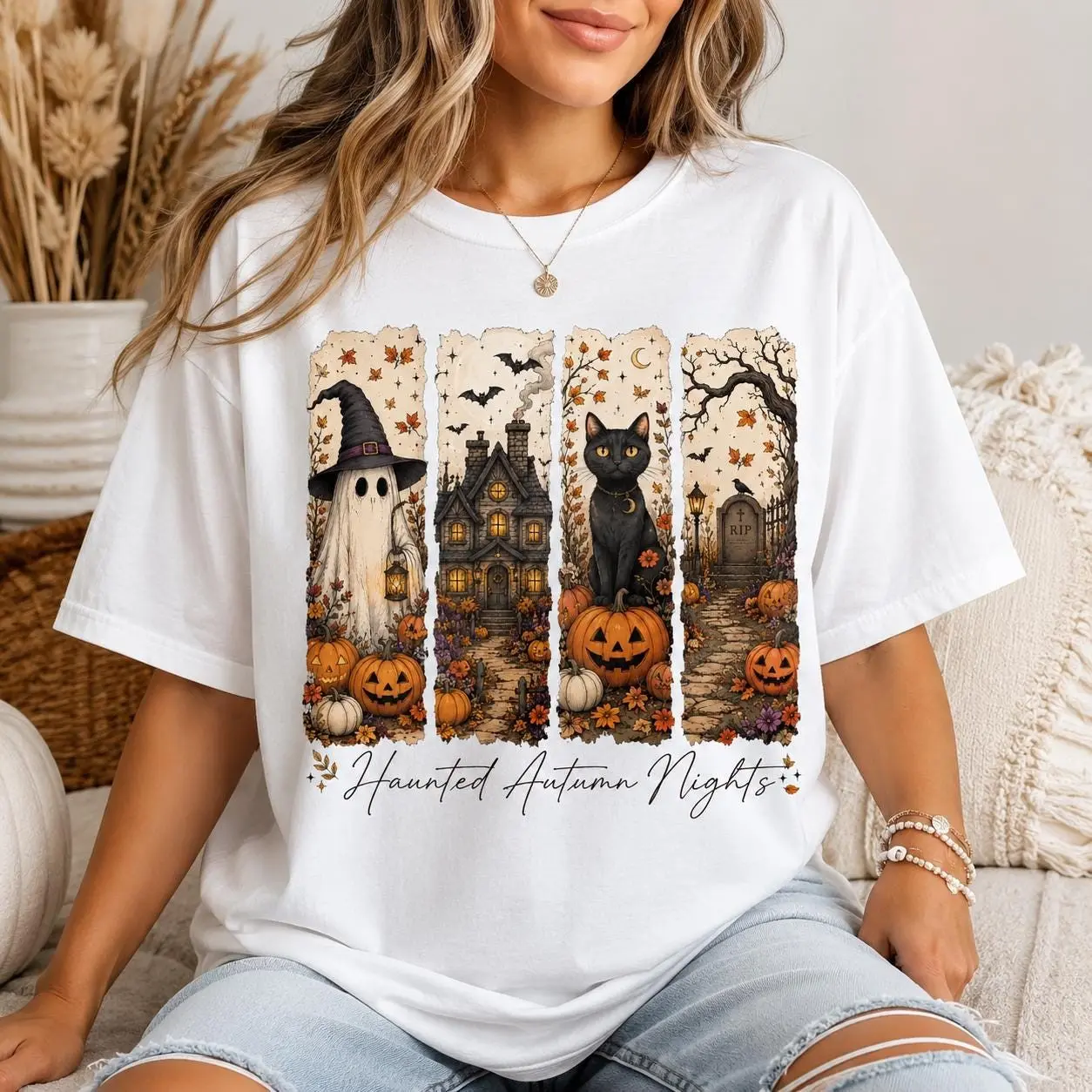 Haunted Autumn Nights Halloween T-Shirt, Cute Ghost Cat Pumpkin Spooky Casual Fall Tee for Women