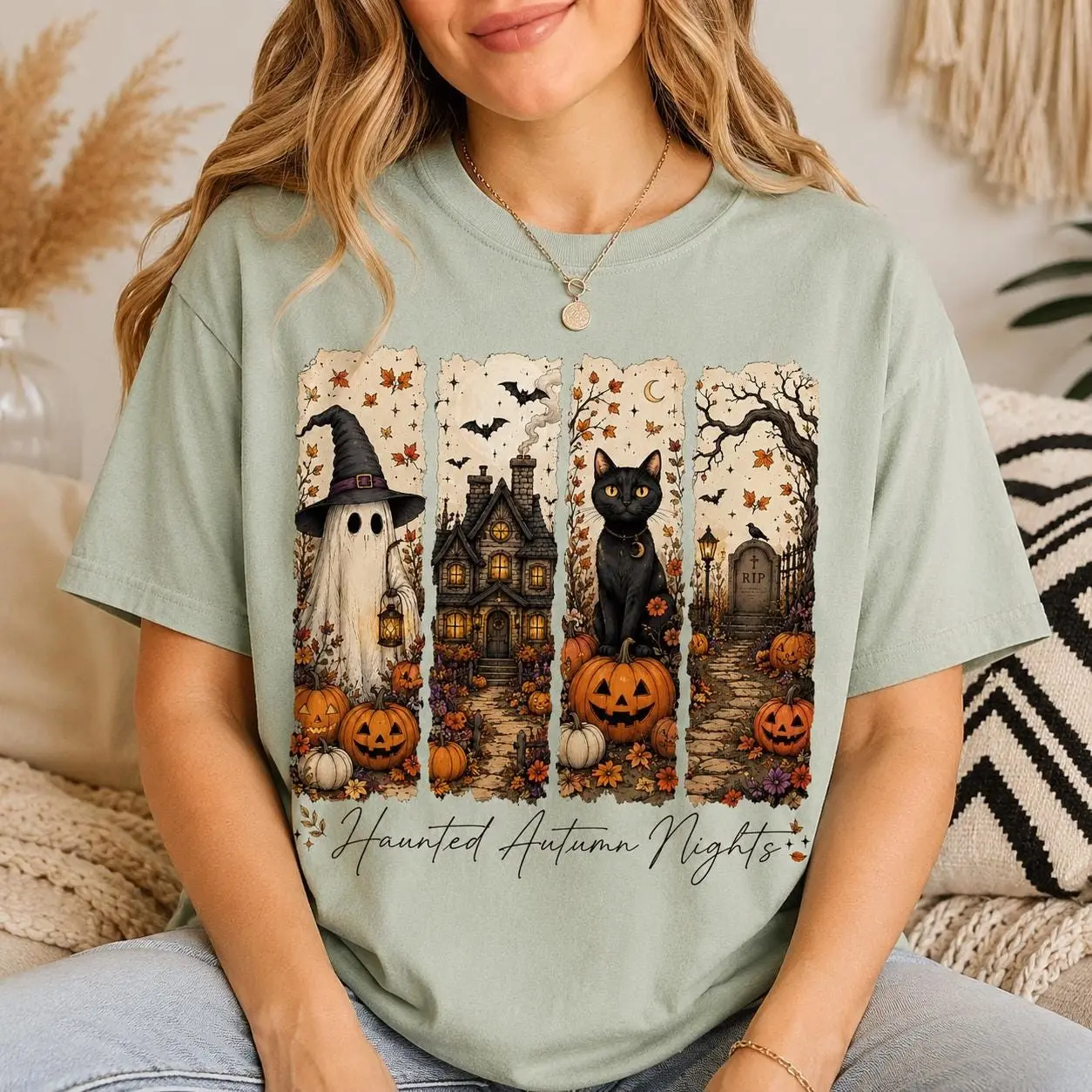 Haunted Autumn Nights Halloween T-Shirt, Cute Ghost Cat Pumpkin Spooky Casual Fall Tee for Women - photo 2