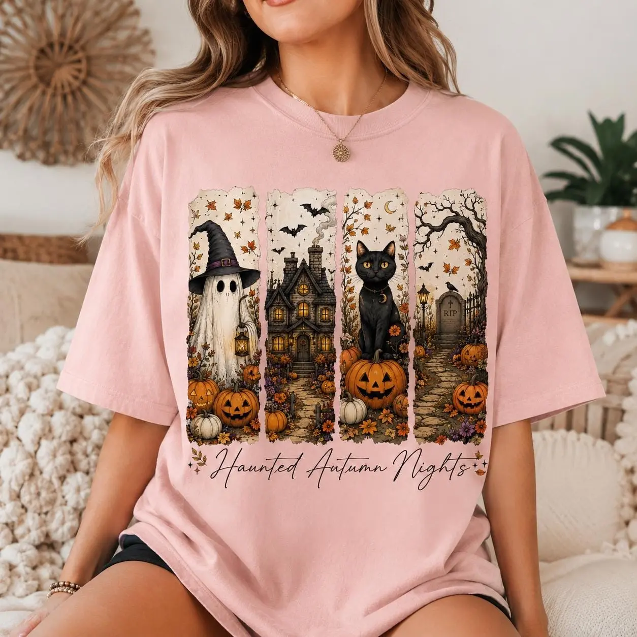 Haunted Autumn Nights Halloween T-Shirt, Cute Ghost Cat Pumpkin Spooky Casual Fall Tee for Women - photo 3