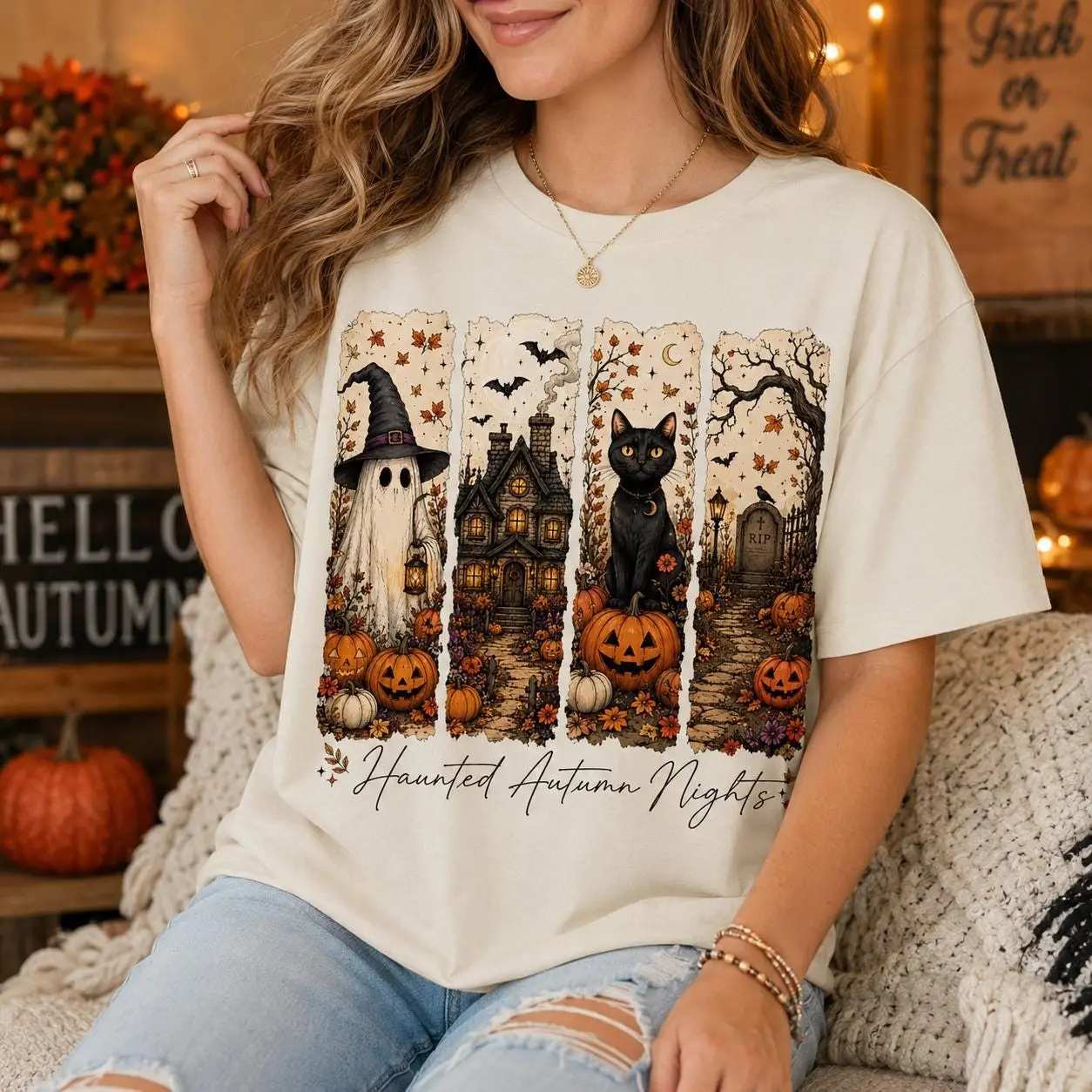 Haunted Autumn Nights Halloween T-Shirt, Cute Ghost Cat Pumpkin Spooky Casual Fall Tee for Women - photo 4