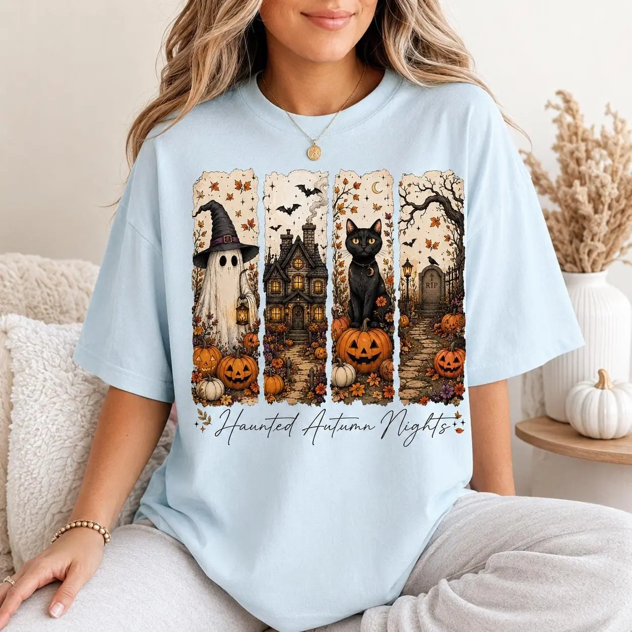 Haunted Autumn Nights Halloween T-Shirt, Cute Ghost Cat Pumpkin Spooky Casual Fall Tee for Women - photo 5