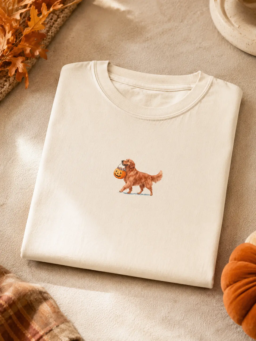 Golden Retriever Halloween T-Shirt, Women's Casual Round Neck Classic Fit Graphic Top, Spooky Dog Mom Fall Apparel