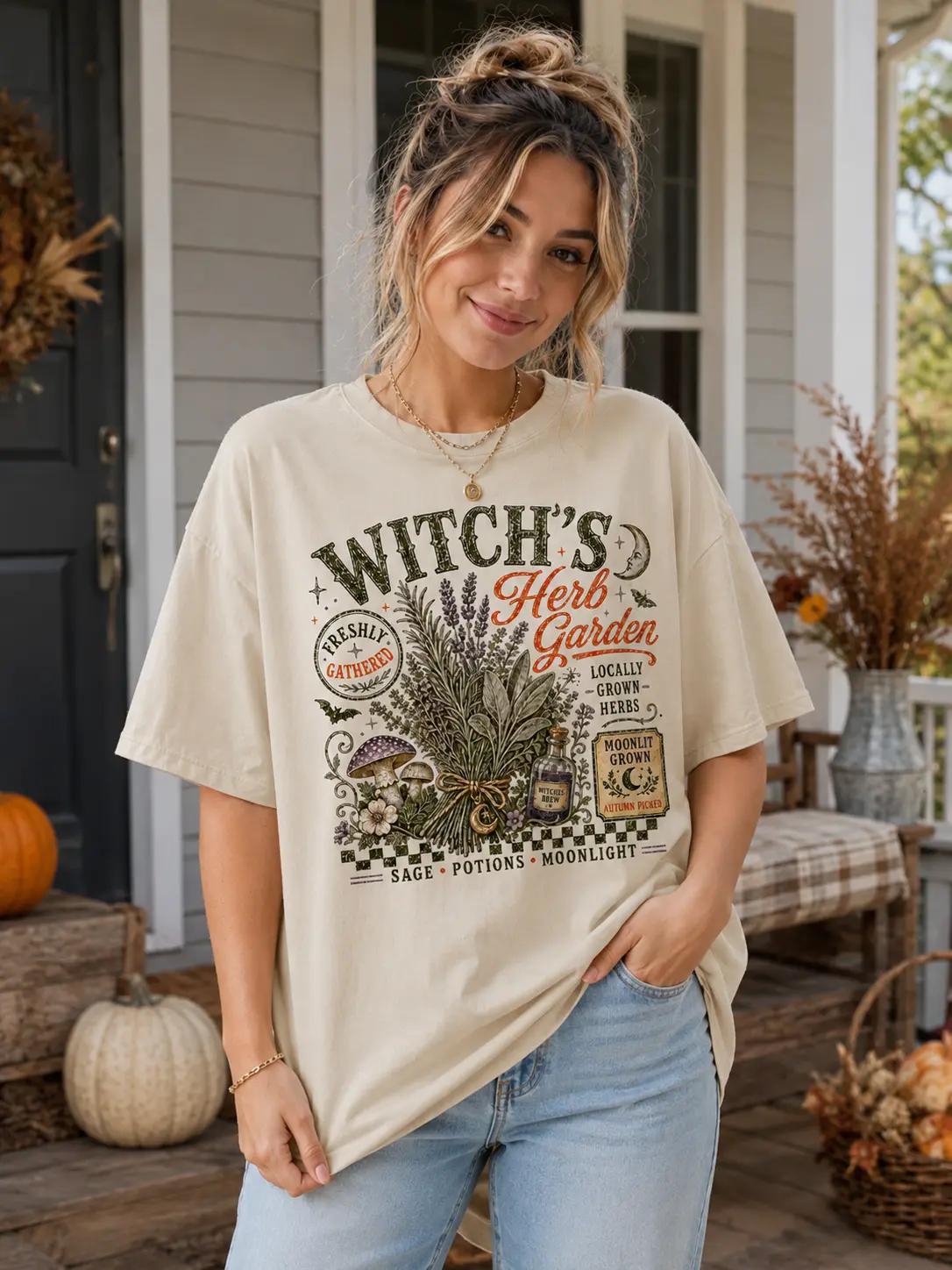 Women's Halloween Witch's Herb Garden T-Shirt, Vintage Botanical Fall Cottagecore Tee, Casual Round Neck Digital Print Top