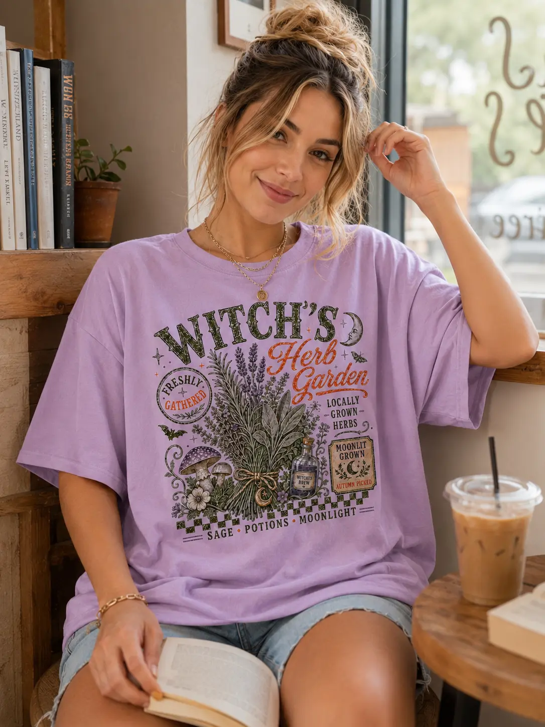 Women's Halloween Witch's Herb Garden T-Shirt, Vintage Botanical Fall Cottagecore Tee, Casual Round Neck Digital Print Top - photo 2
