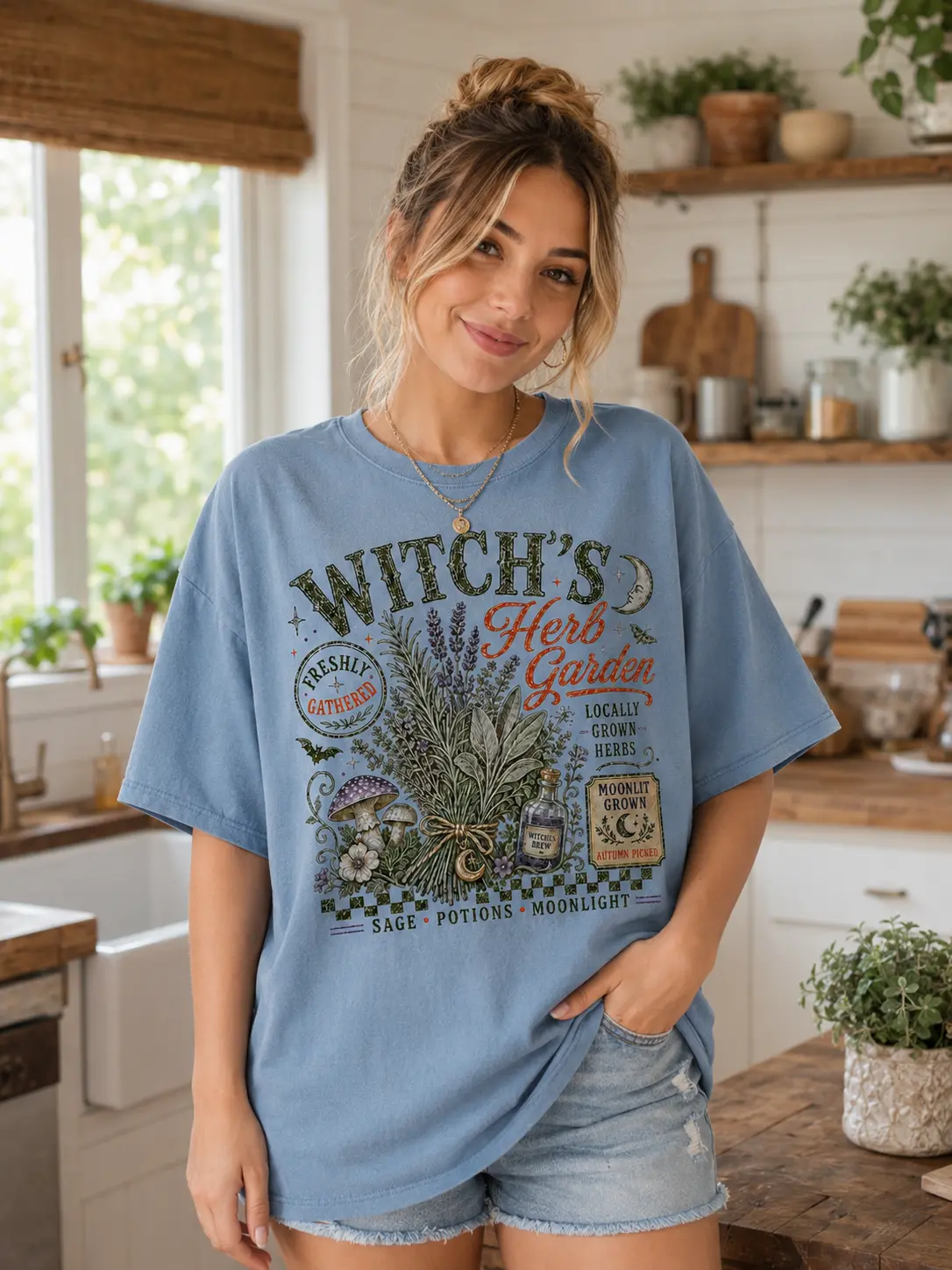Women's Halloween Witch's Herb Garden T-Shirt, Vintage Botanical Fall Cottagecore Tee, Casual Round Neck Digital Print Top - photo 3