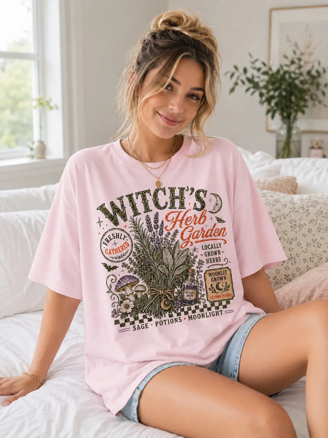 Women's Halloween Witch's Herb Garden T-Shirt, Vintage Botanical Fall Cottagecore Tee, Casual Round Neck Digital Print Top - photo 4