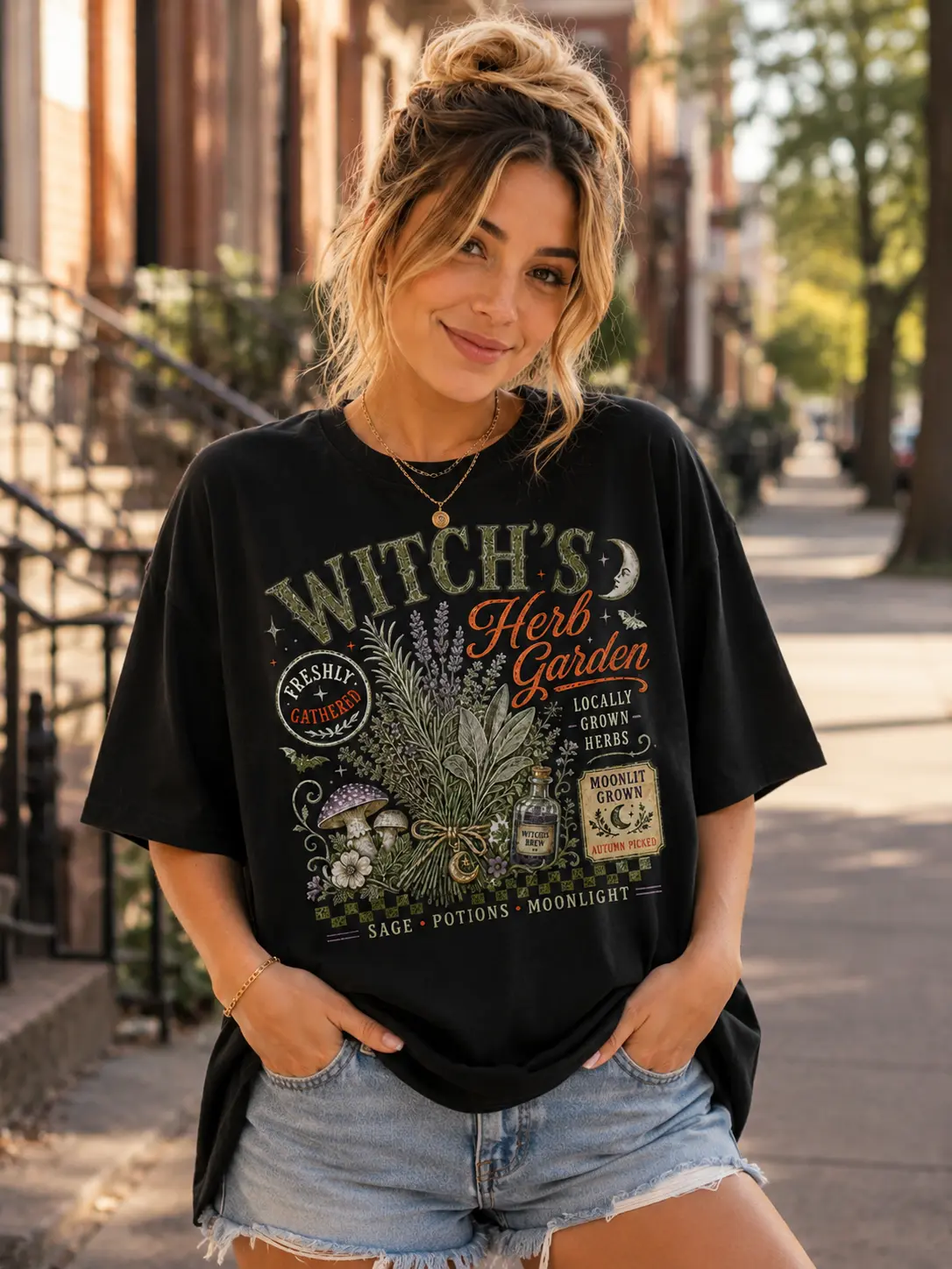 Women's Halloween Witch's Herb Garden T-Shirt, Vintage Botanical Fall Cottagecore Tee, Casual Round Neck Digital Print Top - photo 5