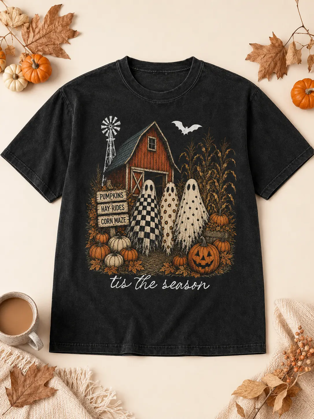 Tis the Season Trio Halloween T-Shirt, Pumpkin Patch Farmhouse Checkered Floral Polka Dot Top for Women, Fall Style