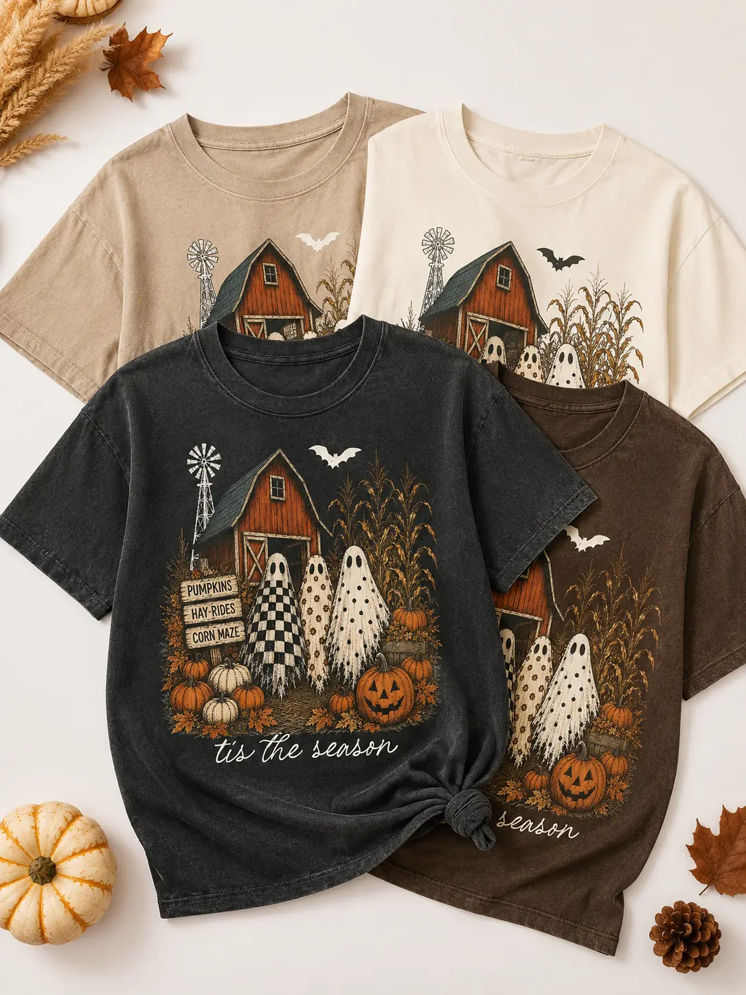 Tis the Season Trio Halloween T-Shirt, Pumpkin Patch Farmhouse Checkered Floral Polka Dot Top for Women, Fall Style - photo 2