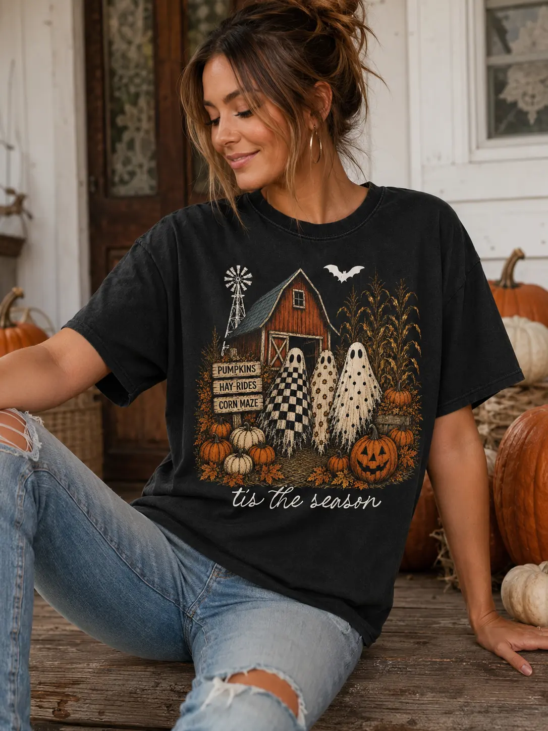 Tis the Season Trio Halloween T-Shirt, Pumpkin Patch Farmhouse Checkered Floral Polka Dot Top for Women, Fall Style - photo 3