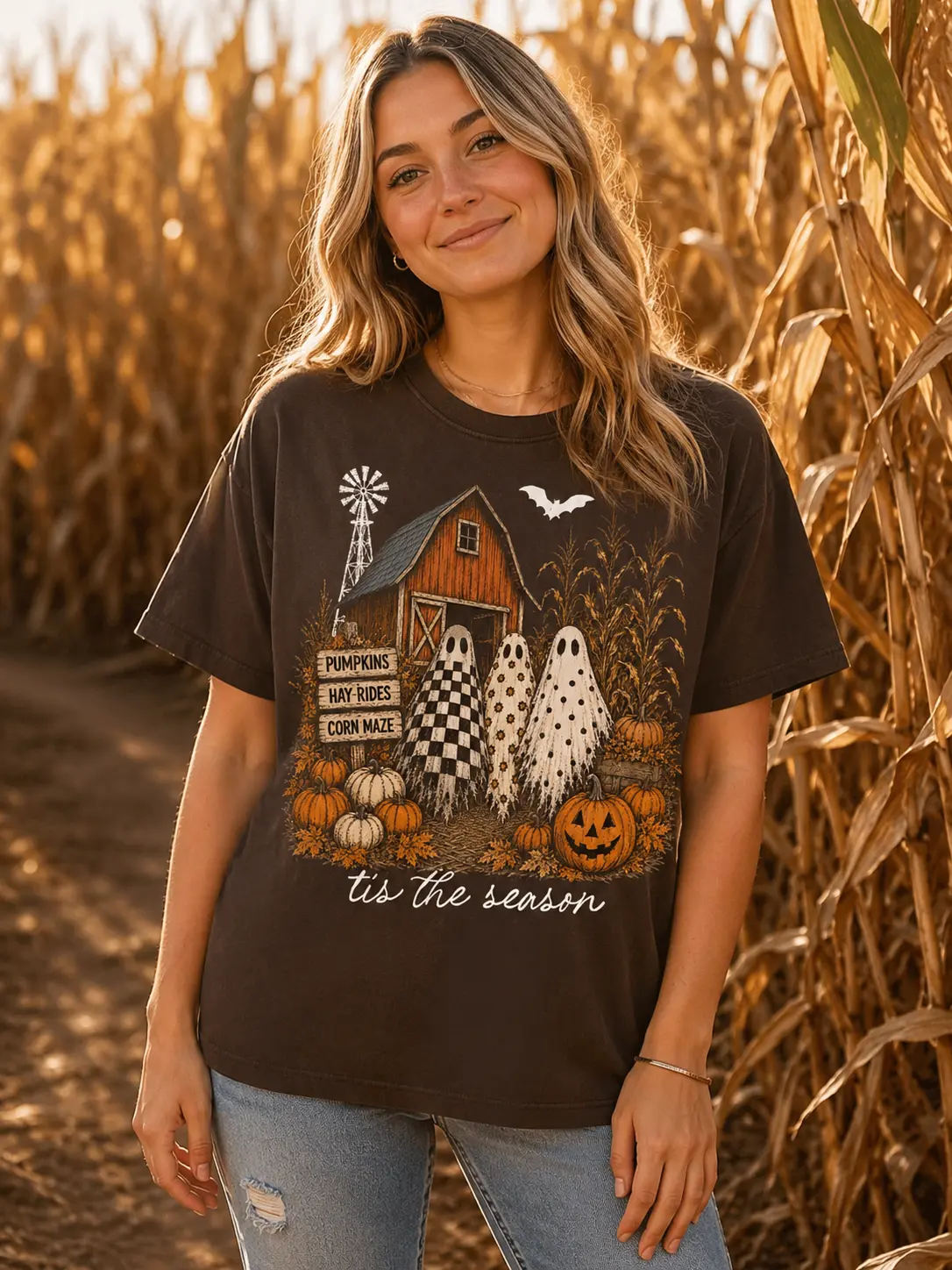 Tis the Season Trio Halloween T-Shirt, Pumpkin Patch Farmhouse Checkered Floral Polka Dot Top for Women, Fall Style - photo 4