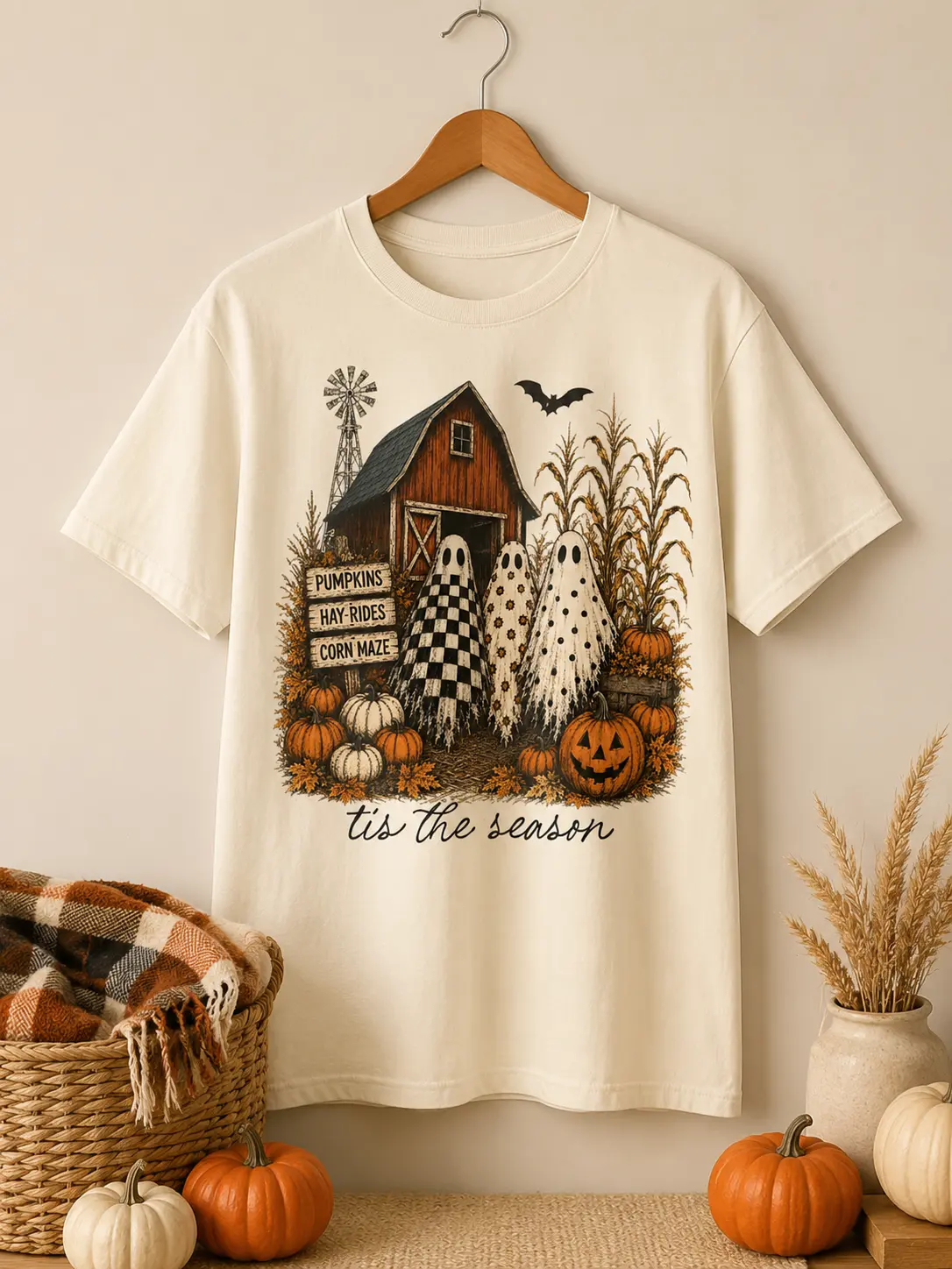 Tis the Season Trio Halloween T-Shirt, Pumpkin Patch Farmhouse Checkered Floral Polka Dot Top for Women, Fall Style - photo 5