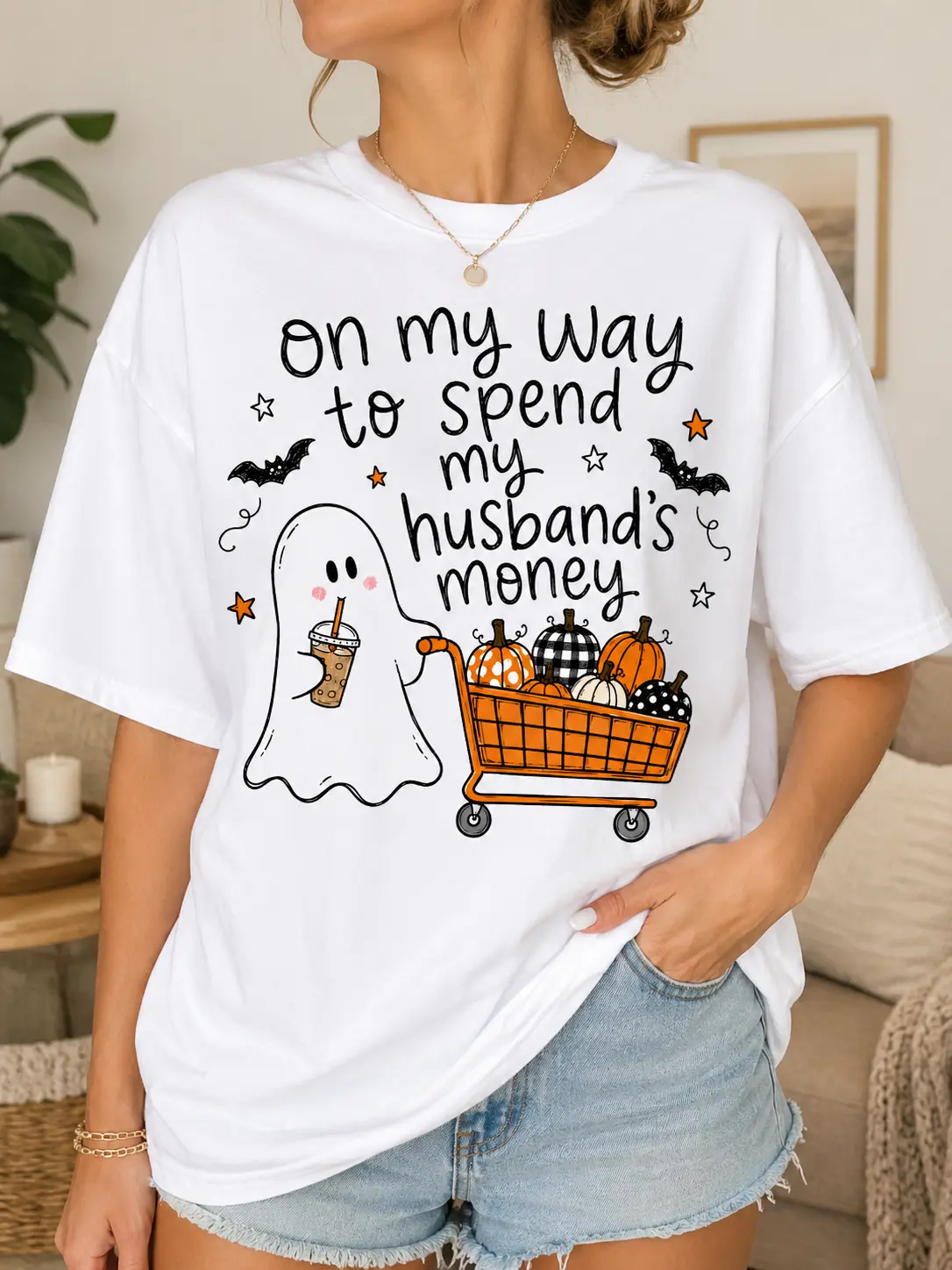 Women's Casual Round Neck Short Sleeve Halloween Shirt, Funny On My Way To Spend My Husband's Money Graphic Top