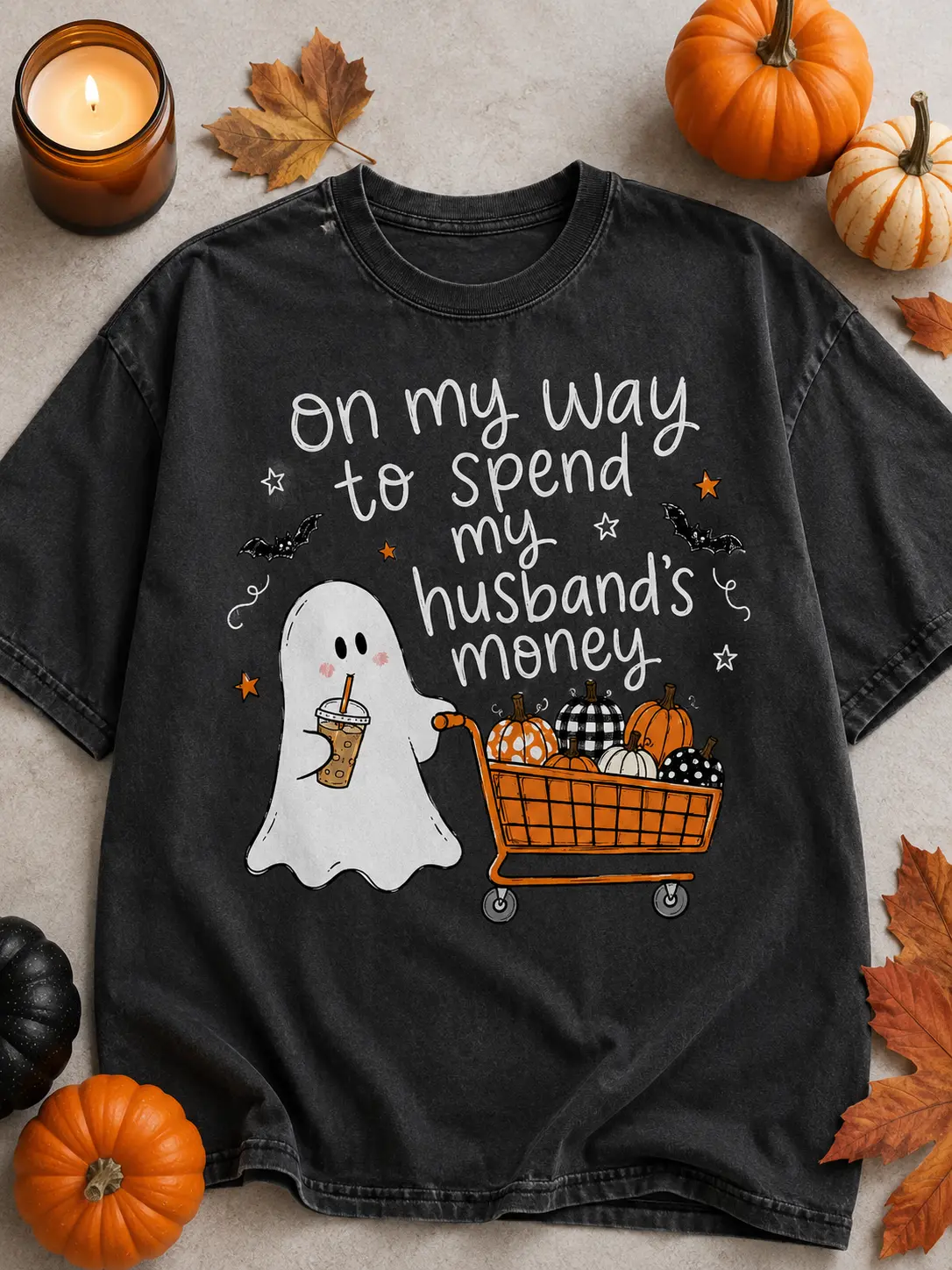Women's Casual Round Neck Short Sleeve Halloween Shirt, Funny On My Way To Spend My Husband's Money Graphic Top - photo 2