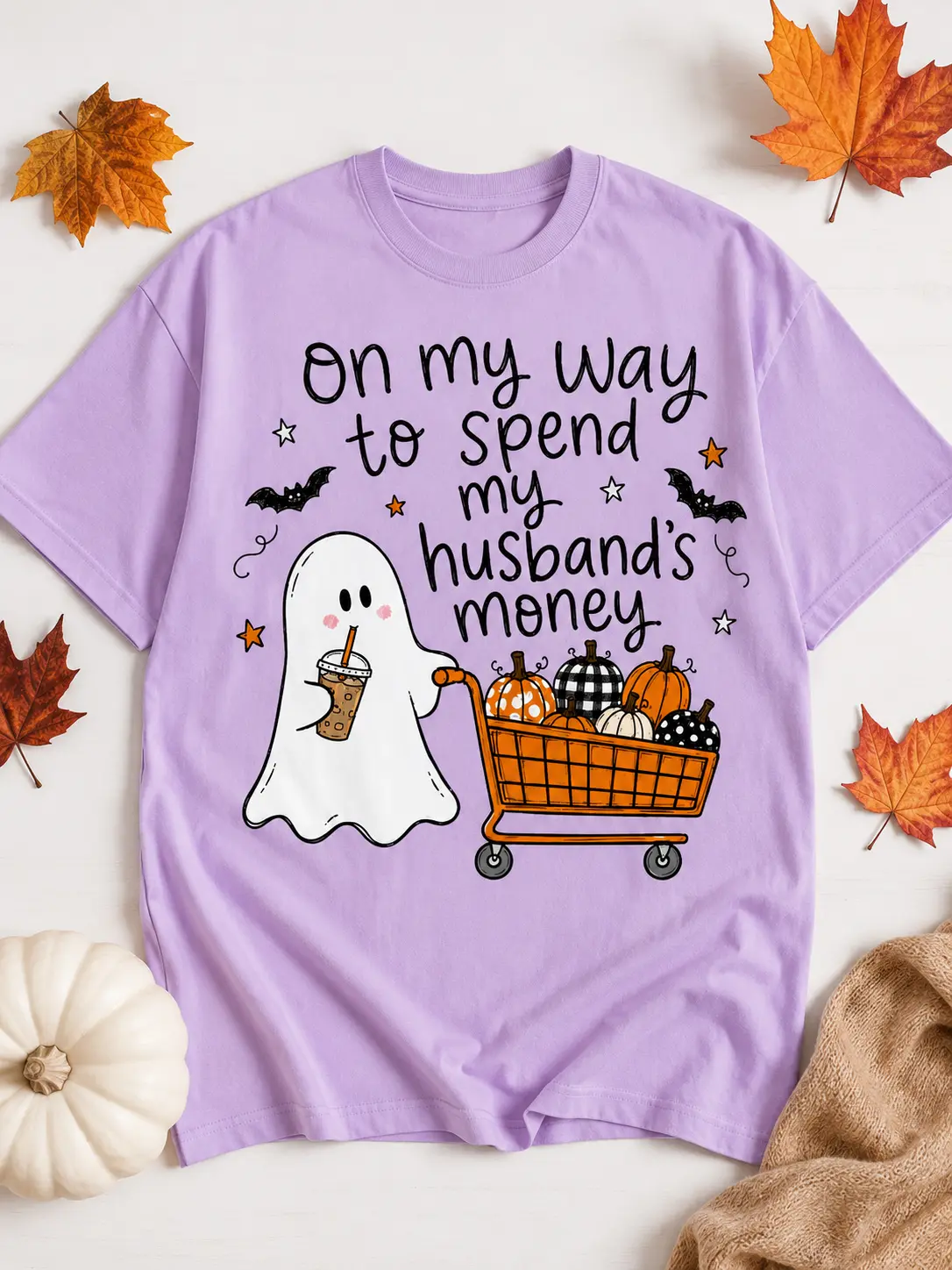 Women's Casual Round Neck Short Sleeve Halloween Shirt, Funny On My Way To Spend My Husband's Money Graphic Top - photo 3