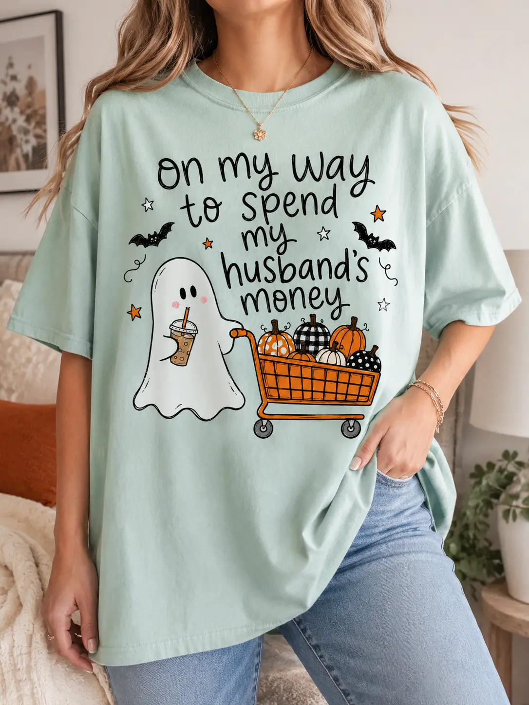 Women's Casual Round Neck Short Sleeve Halloween Shirt, Funny On My Way To Spend My Husband's Money Graphic Top - photo 5