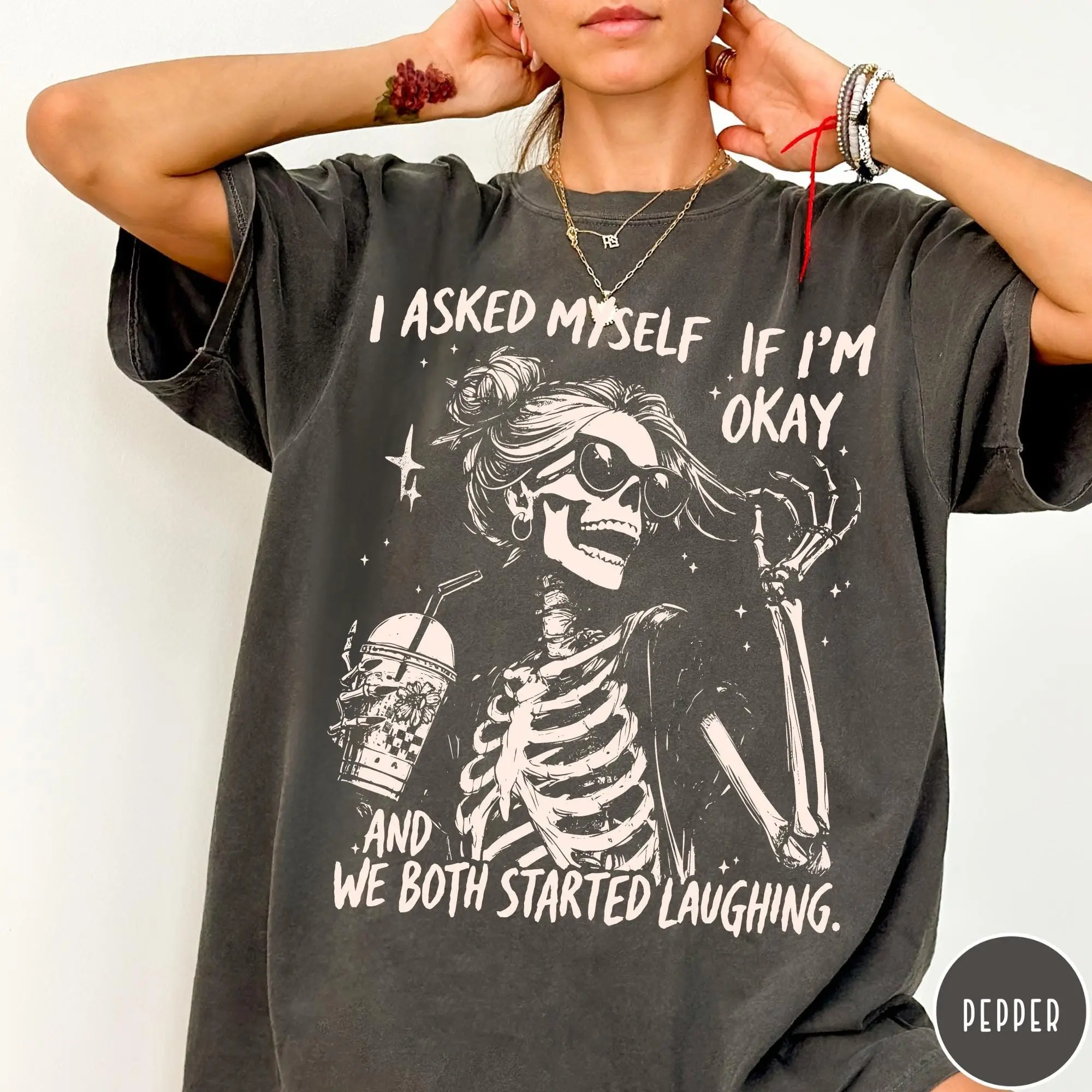 Comfort Colors Skeleton Graphic T-Shirt, Snarky Sarcastic Funny Mental Health Vintage Retro Tee For Women