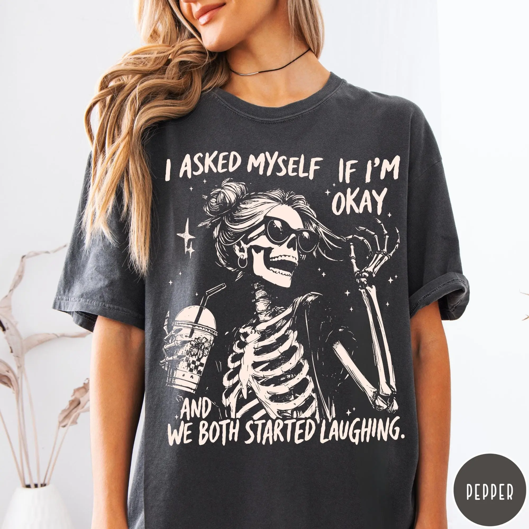 Comfort Colors Skeleton Graphic T-Shirt, Snarky Sarcastic Funny Mental Health Vintage Retro Tee For Women - photo 3