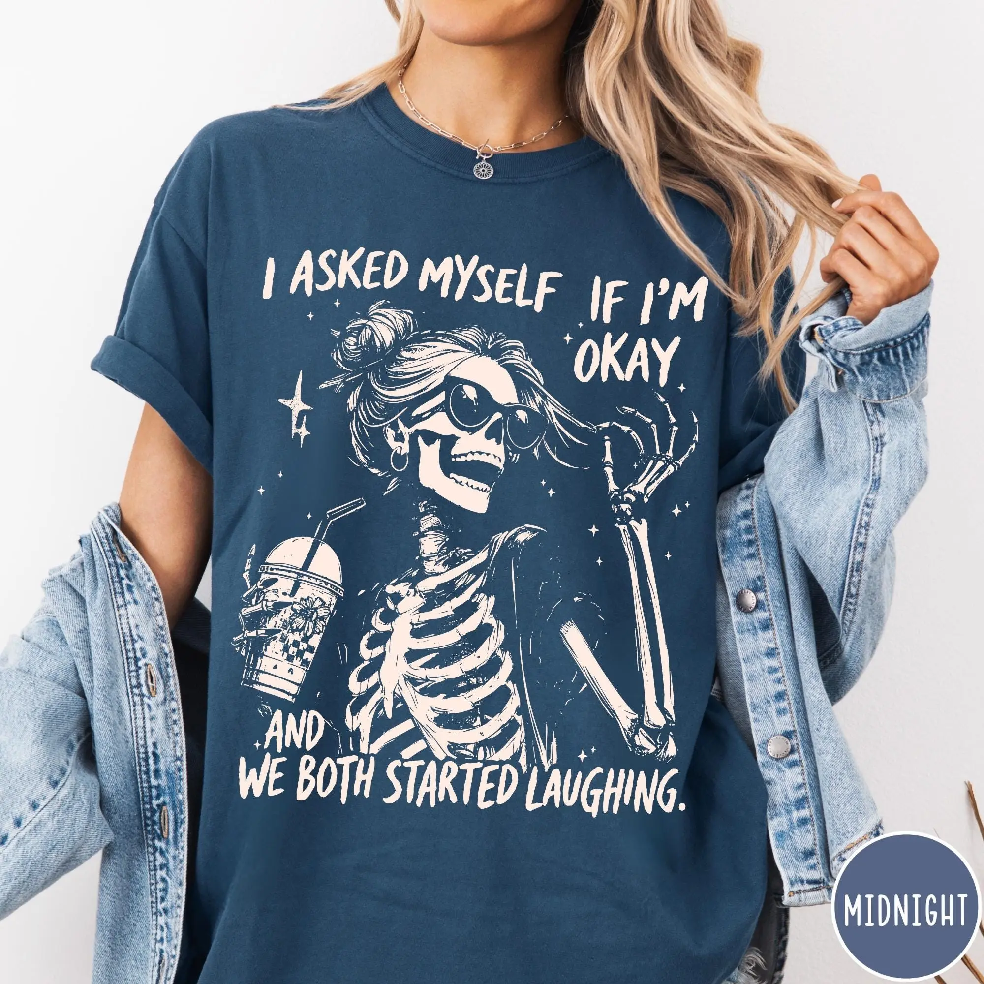 Comfort Colors Skeleton Graphic T-Shirt, Snarky Sarcastic Funny Mental Health Vintage Retro Tee For Women - photo 5