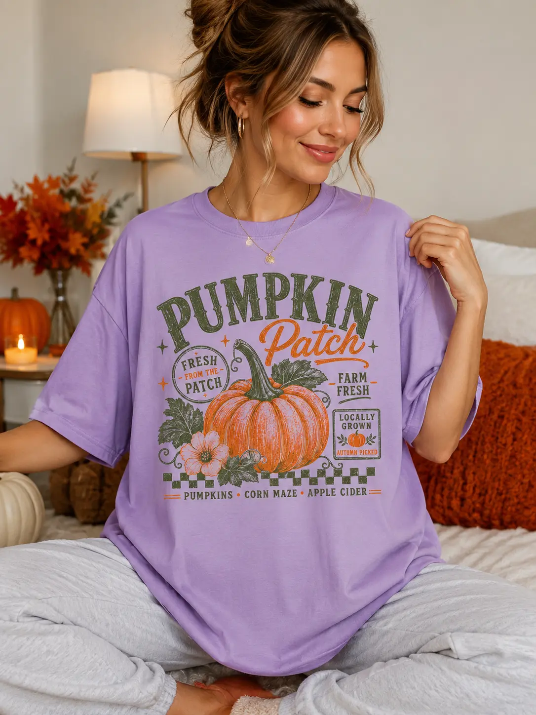 Women's Casual Streetwear Retro Pumpkin Patch Graphic Shirt, Vintage Farm Fresh Harvest Distressed Autumn Tee - photo 2