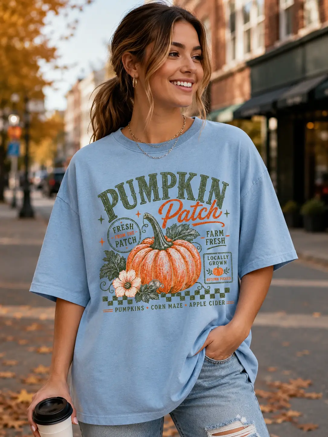 Women's Casual Streetwear Retro Pumpkin Patch Graphic Shirt, Vintage Farm Fresh Harvest Distressed Autumn Tee - photo 3