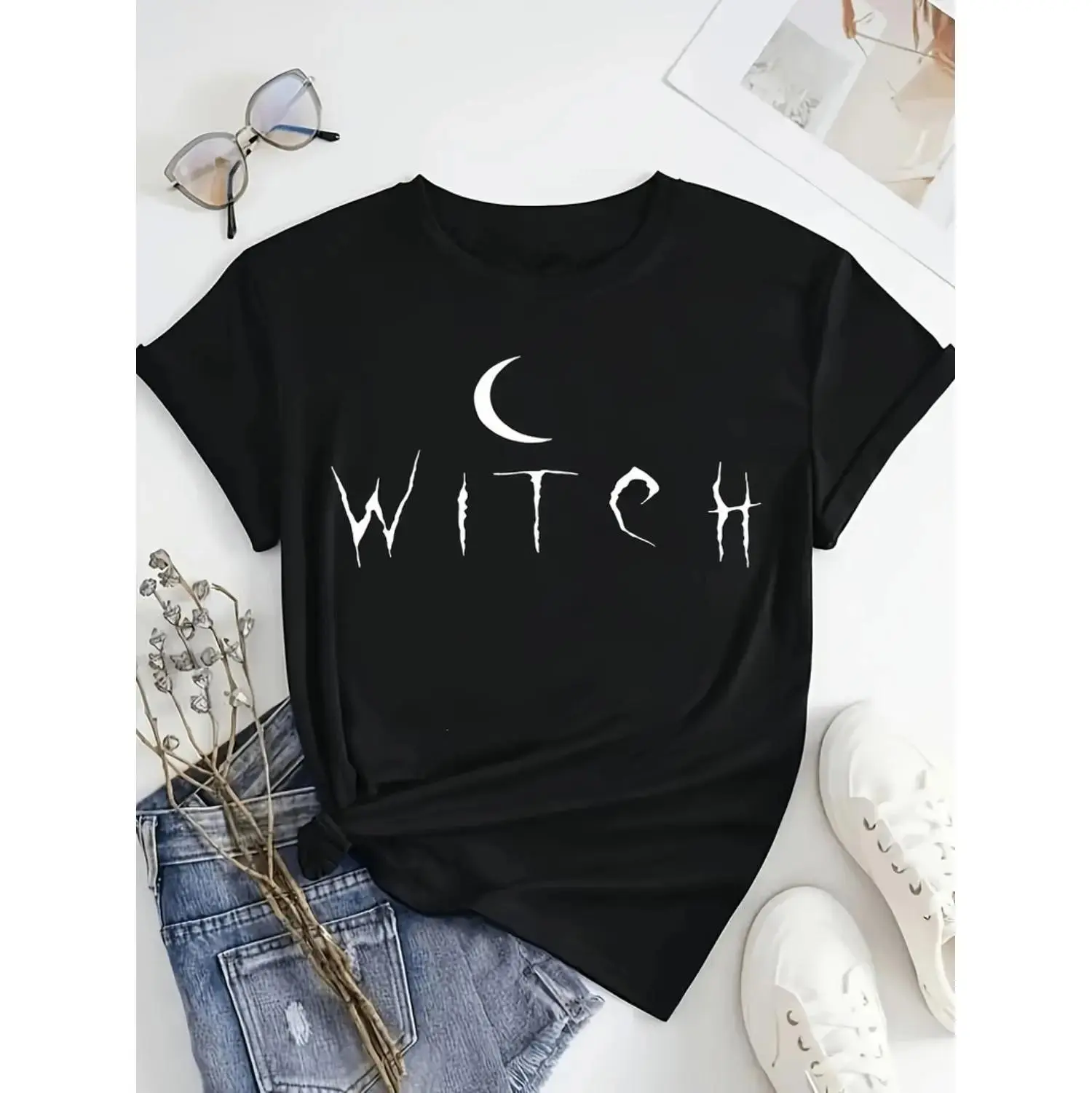 Womens Casual Witch Graphic T-Shirt, Crescent Moon Cotton Streetwear Soft Short Sleeve Halloween Tee