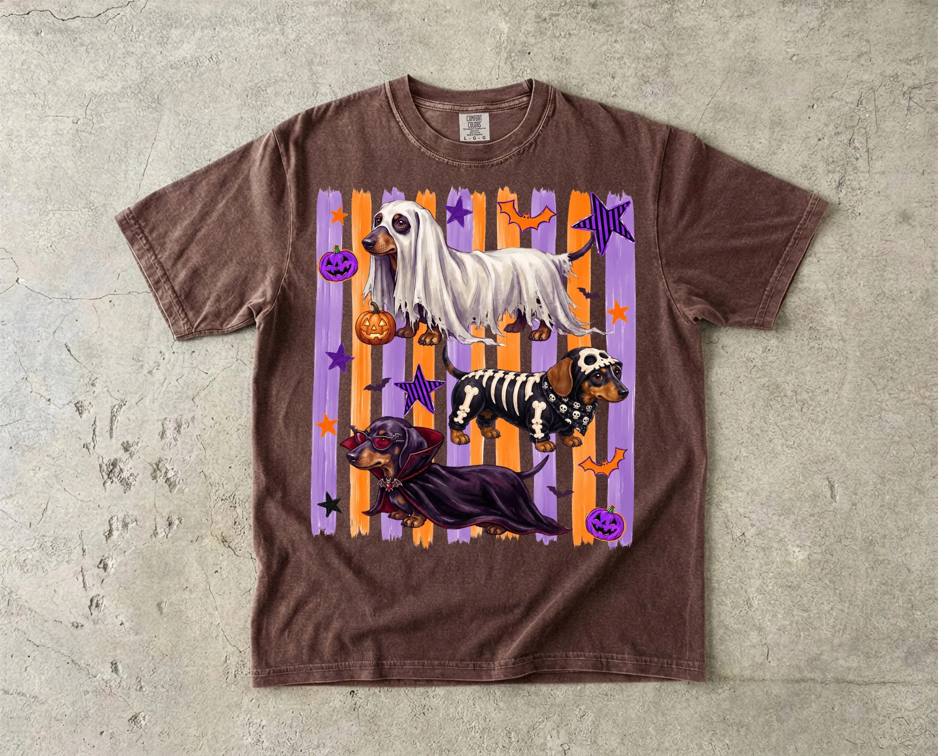 Dachshund Doxie Pumpkin Halloween T-Shirt, Garment Dyed Short Sleeve Round Neck Casual Streetwear Tee for Women - photo 2