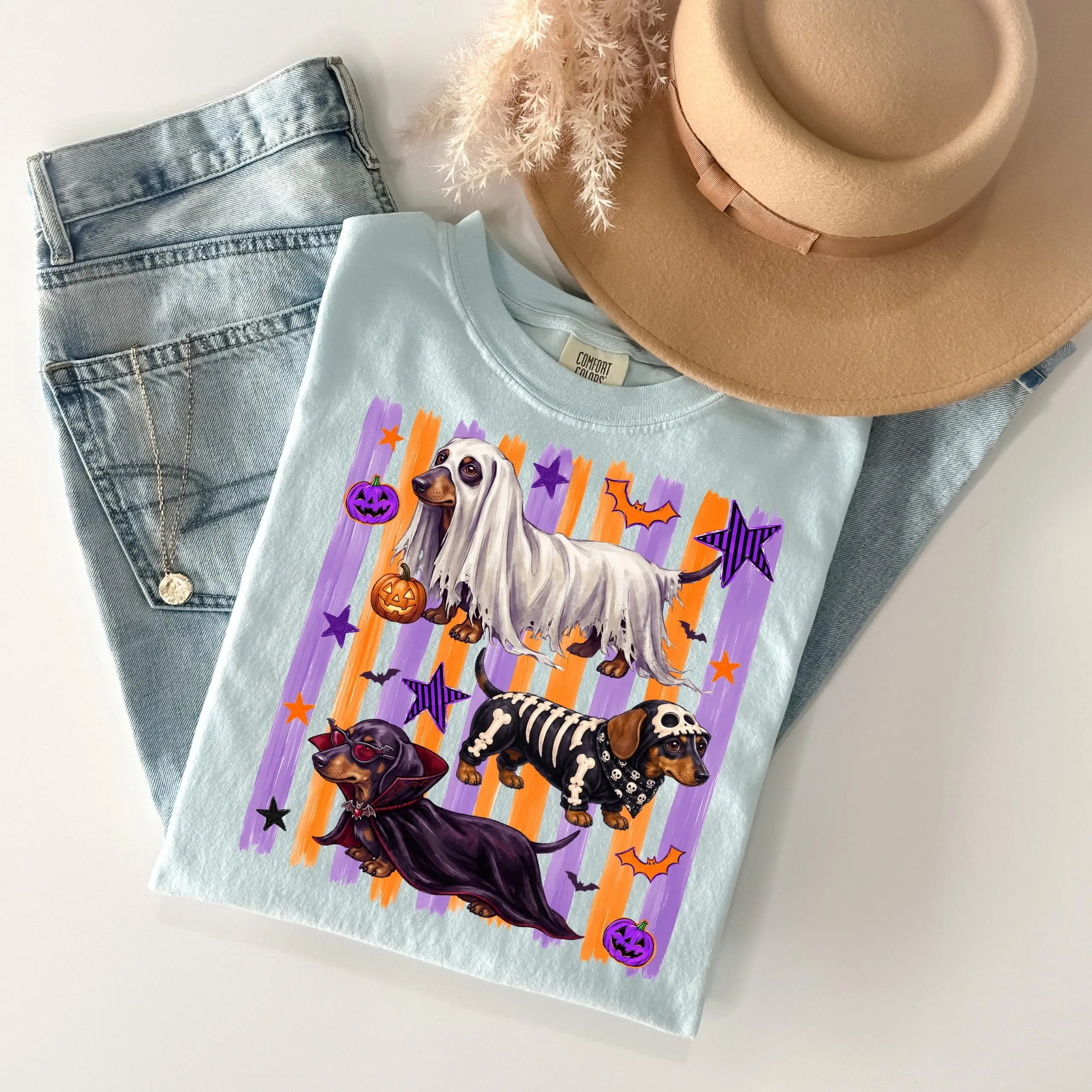 Dachshund Doxie Pumpkin Halloween T-Shirt, Garment Dyed Short Sleeve Round Neck Casual Streetwear Tee for Women - photo 3