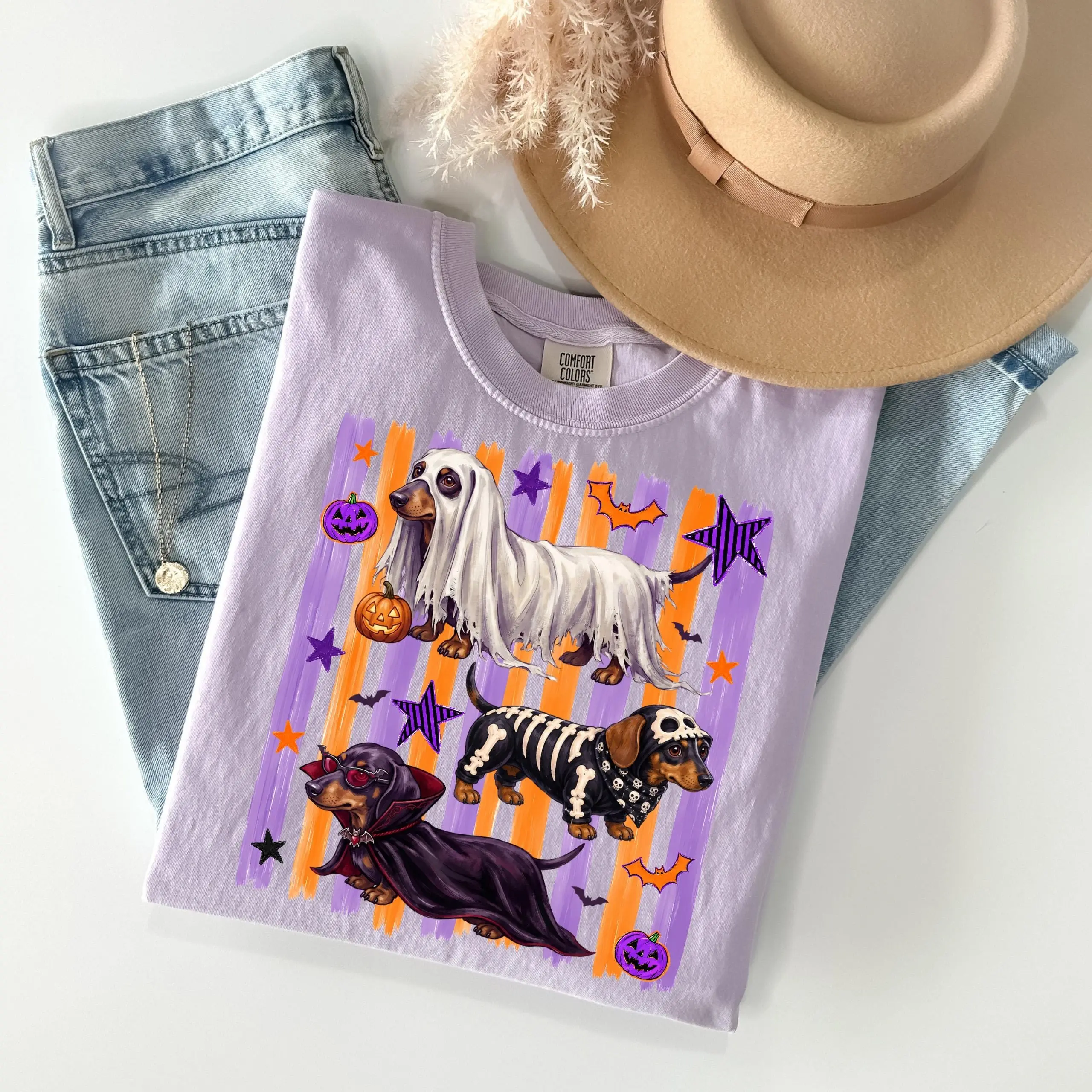 Dachshund Doxie Pumpkin Halloween T-Shirt, Garment Dyed Short Sleeve Round Neck Casual Streetwear Tee for Women - photo 4