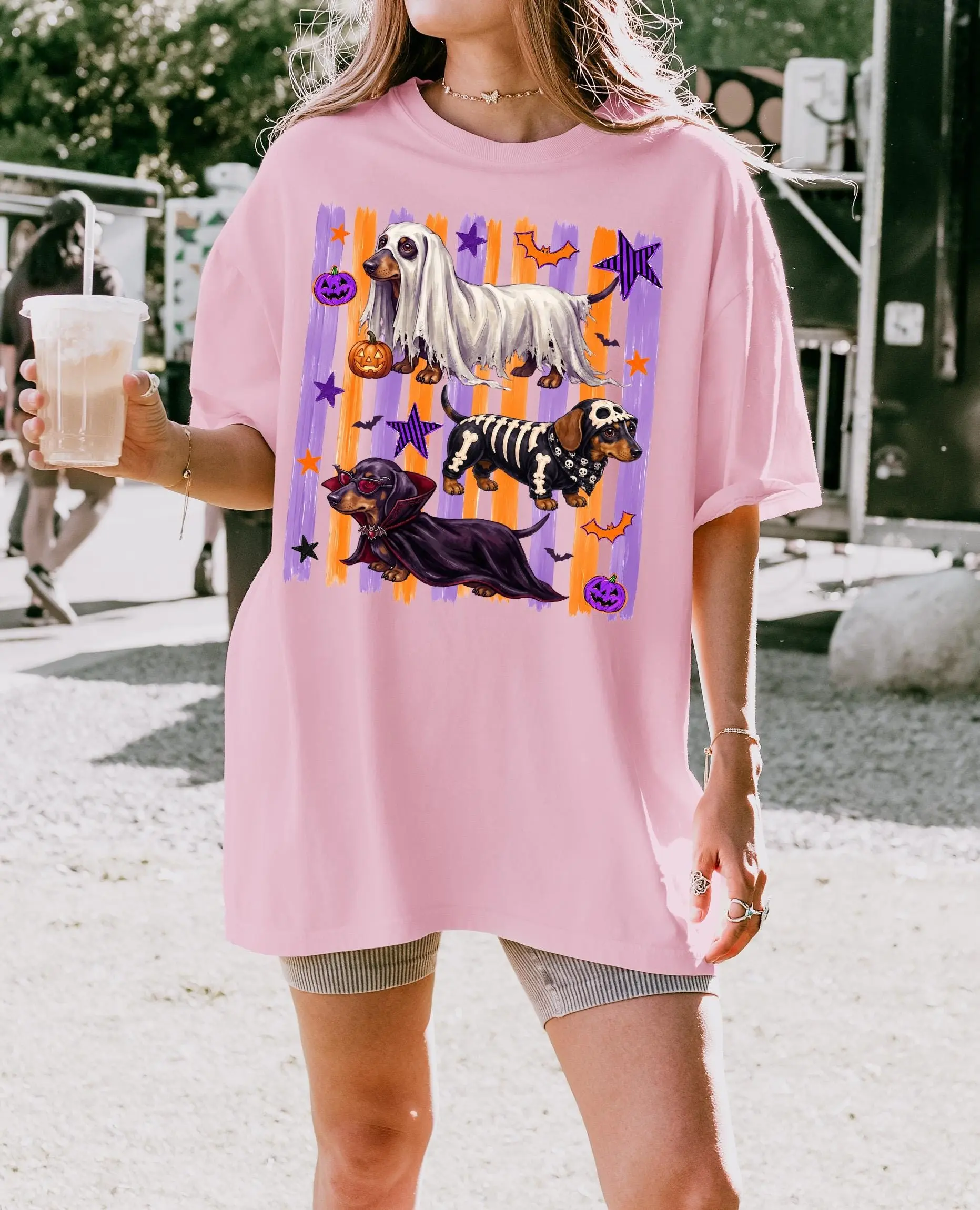 Dachshund Doxie Pumpkin Halloween T-Shirt, Garment Dyed Short Sleeve Round Neck Casual Streetwear Tee for Women - photo 5