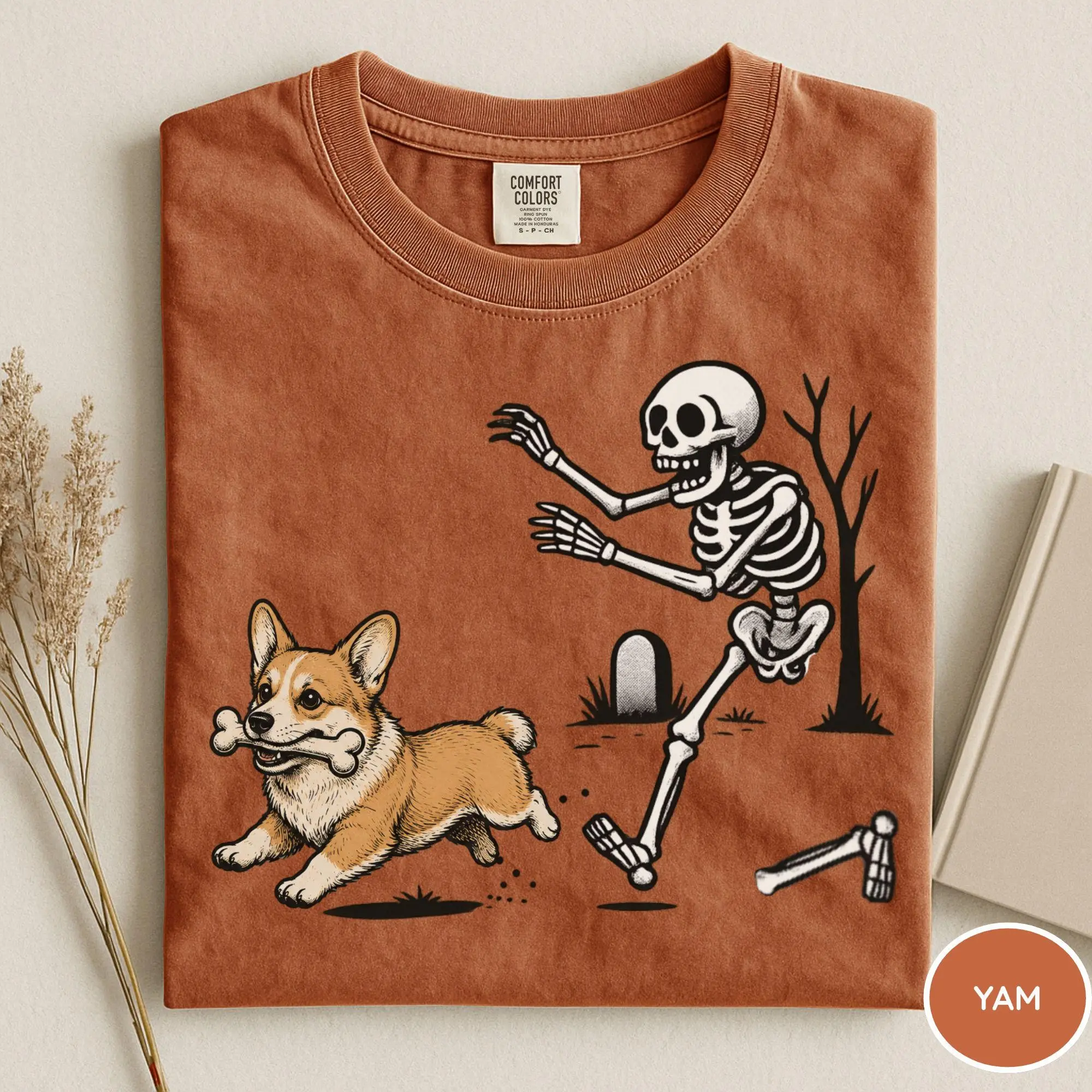 Comfort Colors Halloween Corgi Skeleton T-Shirt, Funny Spooky Season Casual Round Neck Tee for Women