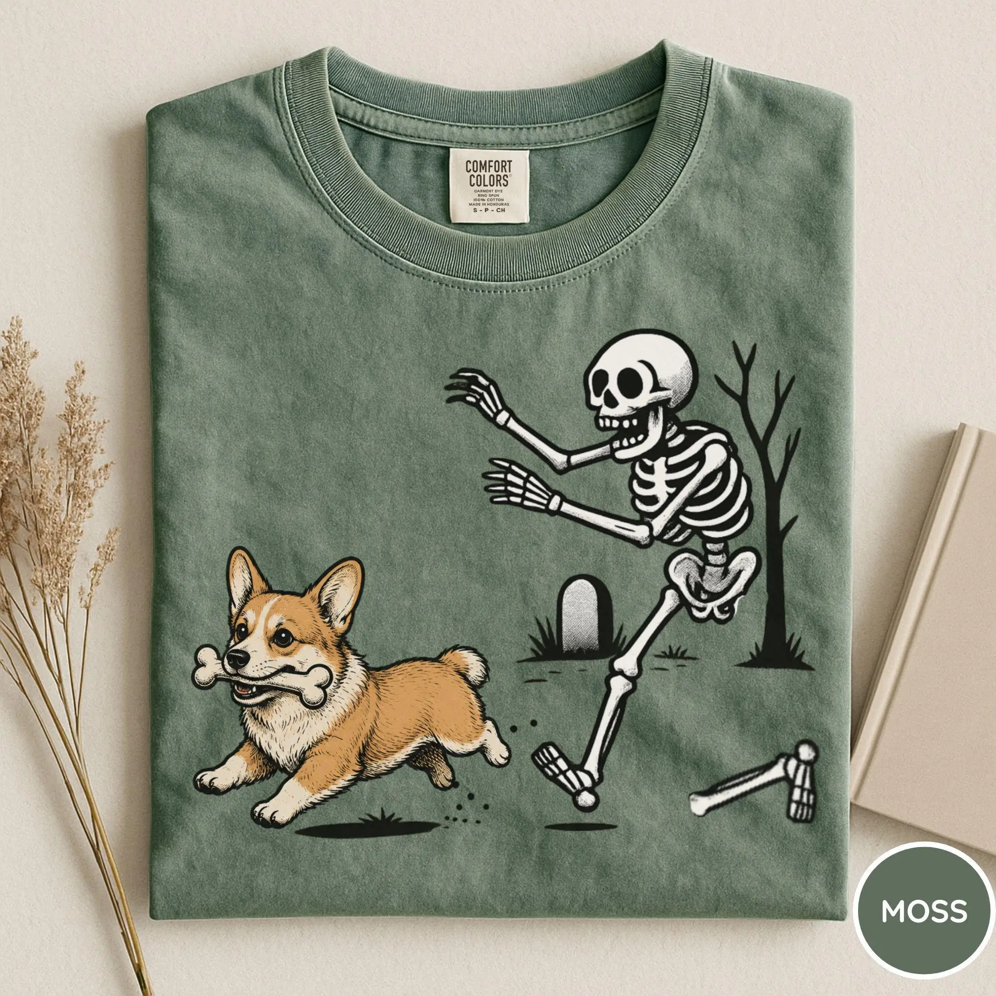 Comfort Colors Halloween Corgi Skeleton T-Shirt, Funny Spooky Season Casual Round Neck Tee for Women - photo 2