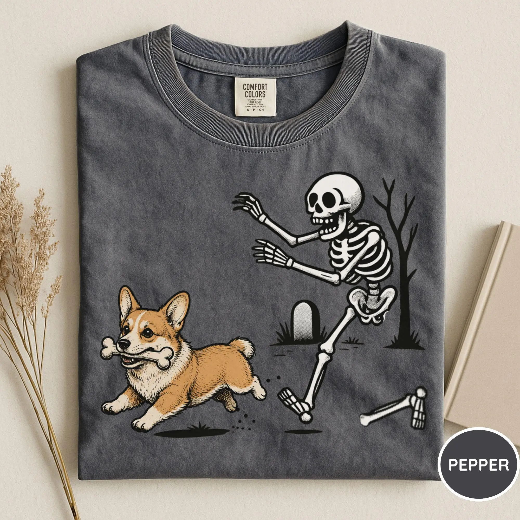 Comfort Colors Halloween Corgi Skeleton T-Shirt, Funny Spooky Season Casual Round Neck Tee for Women - photo 3