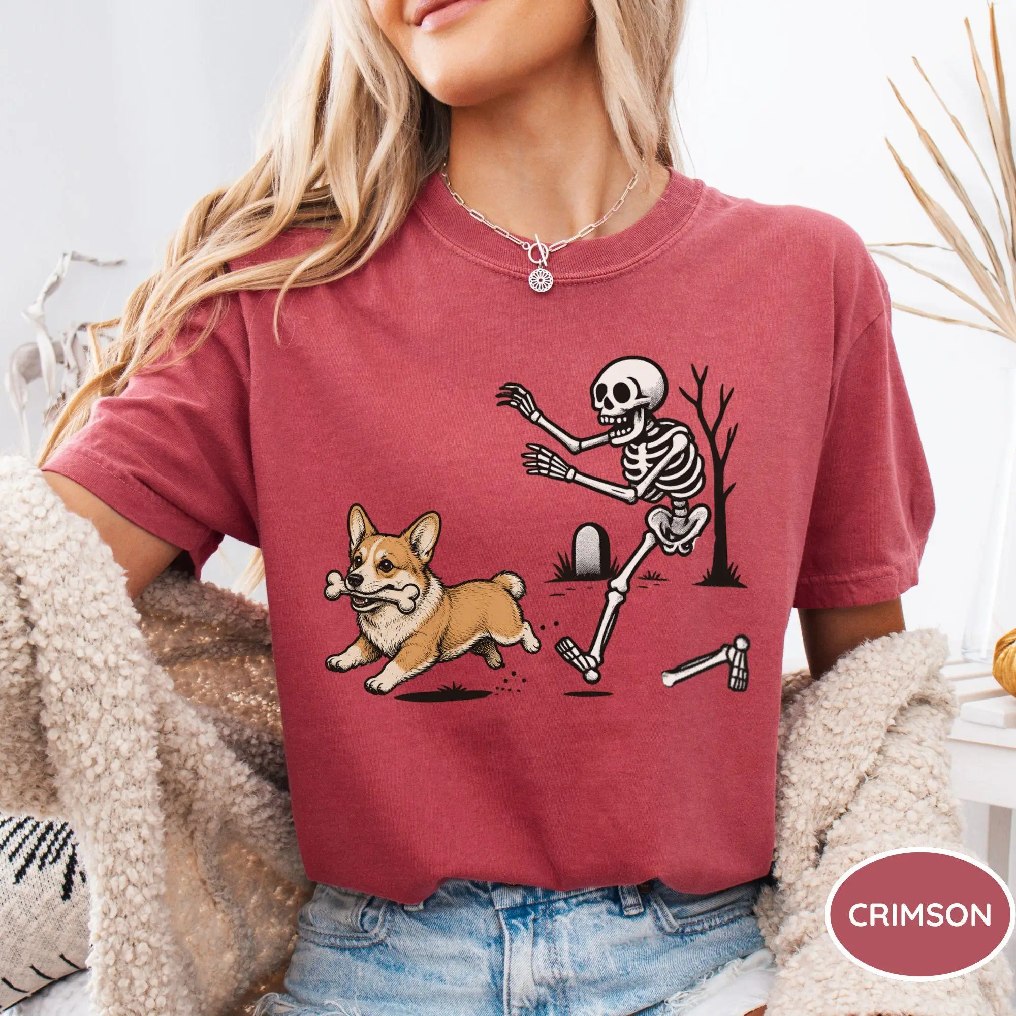 Comfort Colors Halloween Corgi Skeleton T-Shirt, Funny Spooky Season Casual Round Neck Tee for Women - photo 4