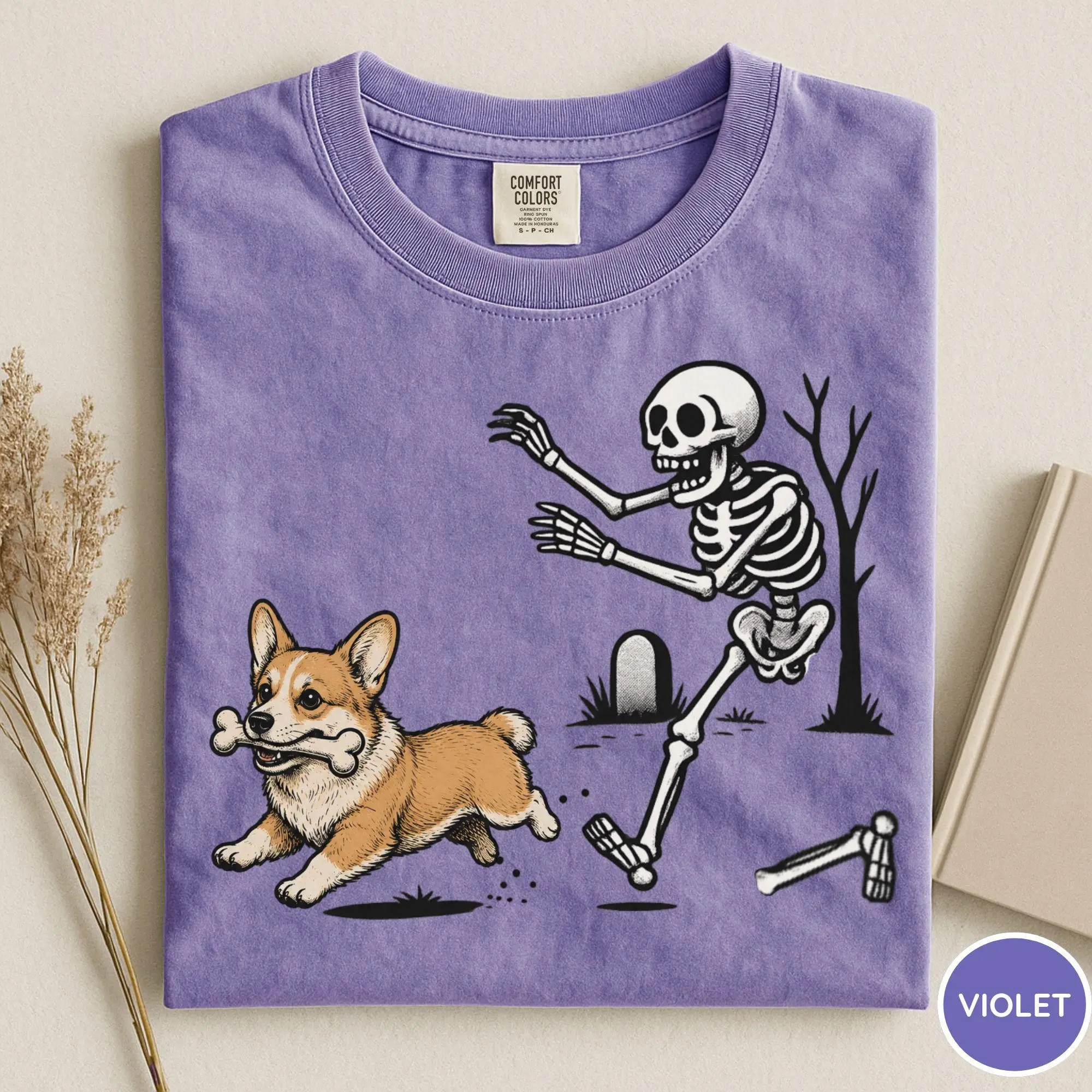 Comfort Colors Halloween Corgi Skeleton T-Shirt, Funny Spooky Season Casual Round Neck Tee for Women - photo 5