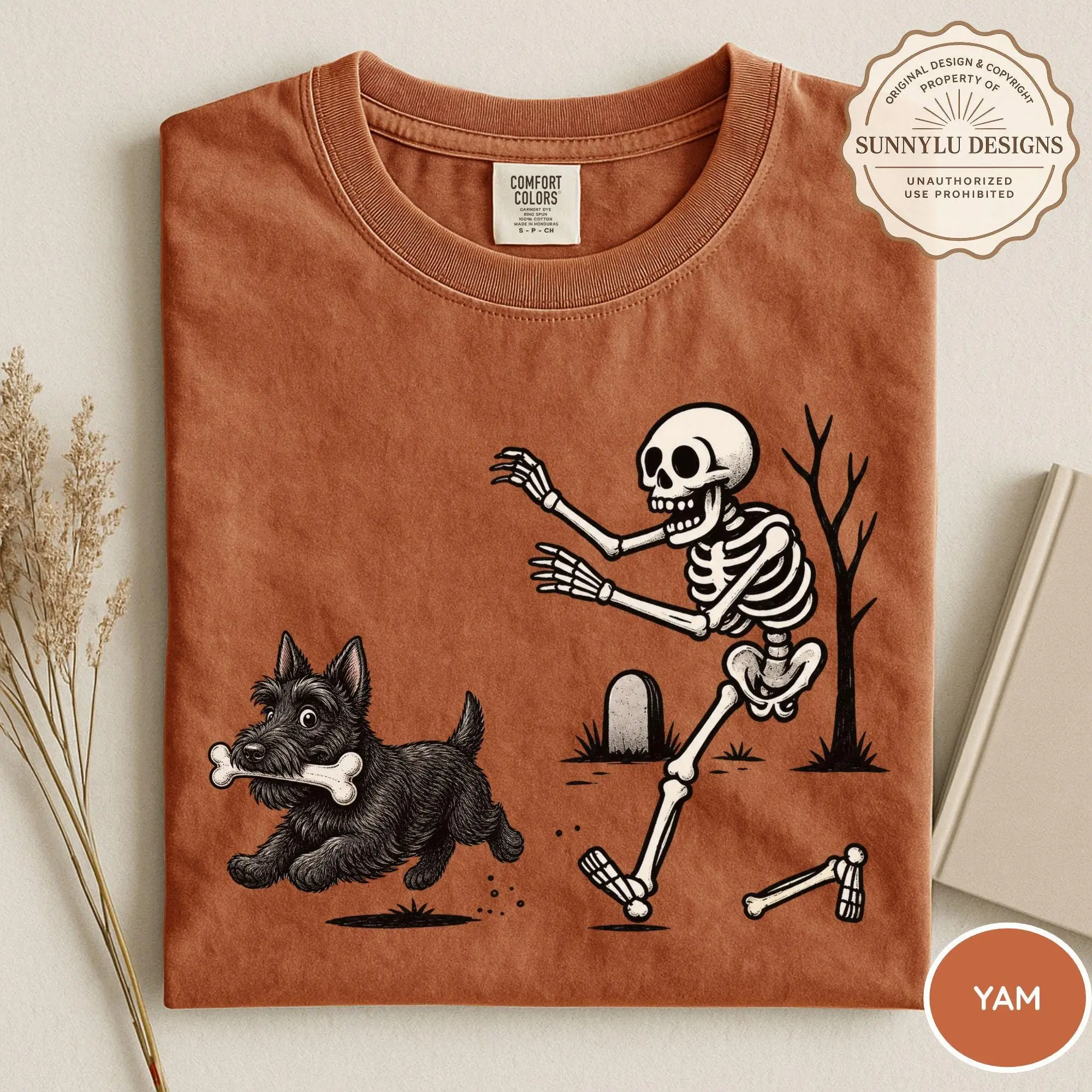 Comfort Colors Scottish Terrier Skeleton Halloween Shirt, Spooky Season Dog Lover Gift for Women