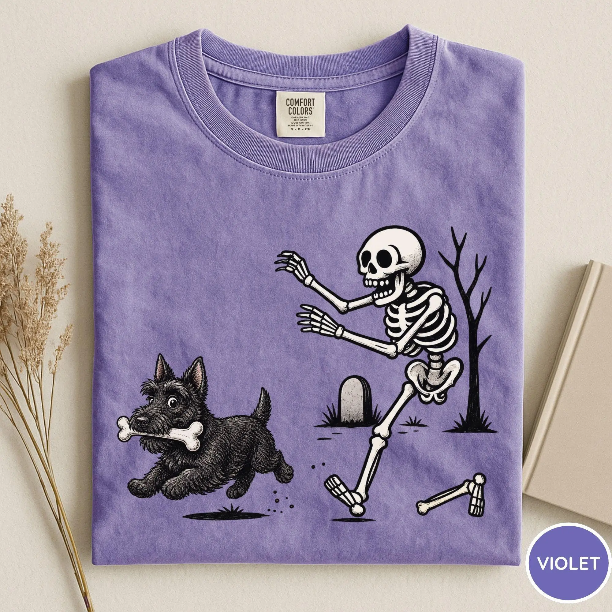 Comfort Colors Scottish Terrier Skeleton Halloween Shirt, Spooky Season Dog Lover Gift for Women - photo 3
