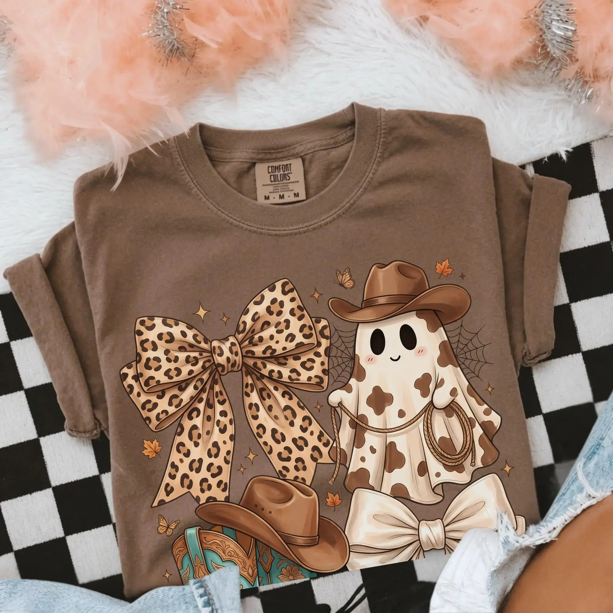 Women's Cowgirl Halloween T-Shirt, Leopard Bow Cowboy Boots Ghost Western Rodeo Fall Costume Tee