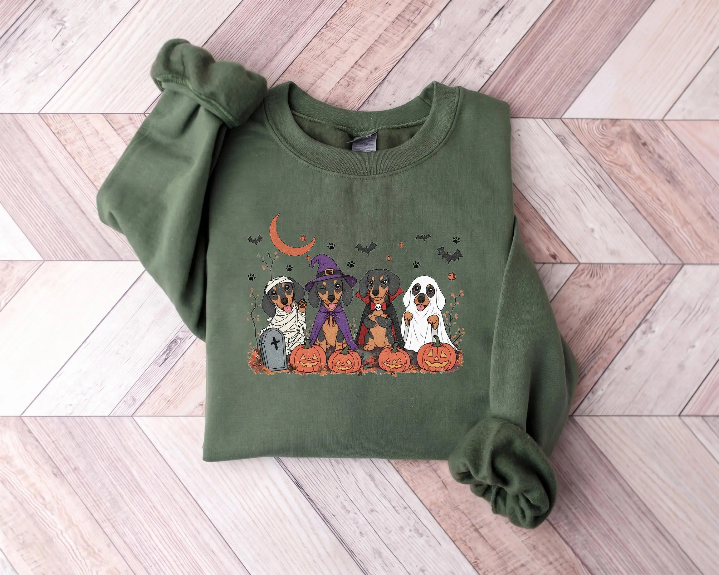 Womens Dachshund Halloween T-Shirt, Spooky Wiener Dog Print Crew Neck Short Sleeve Classic Fit Cotton Tee - photo 2