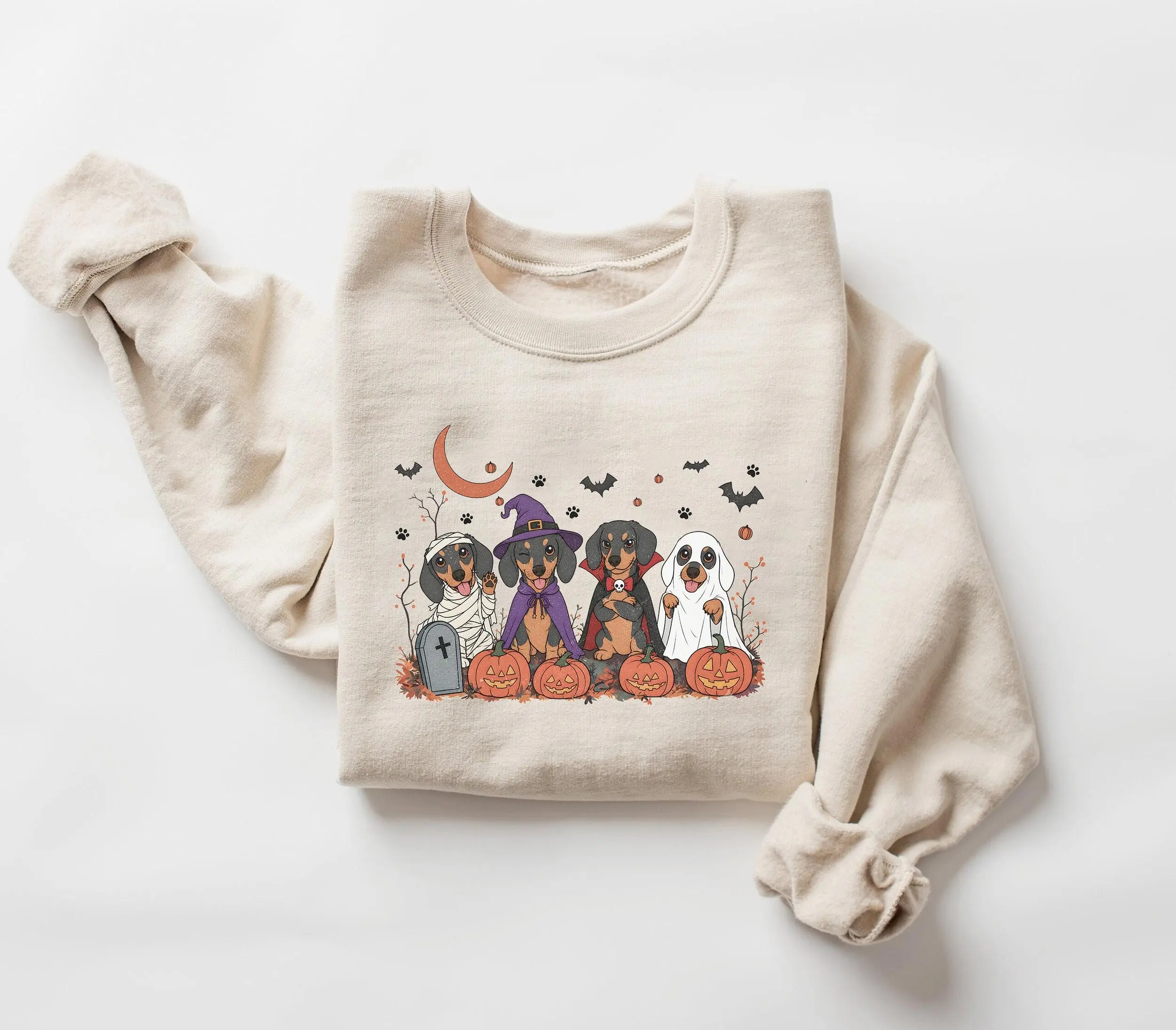 Womens Dachshund Halloween T-Shirt, Spooky Wiener Dog Print Crew Neck Short Sleeve Classic Fit Cotton Tee - photo 3