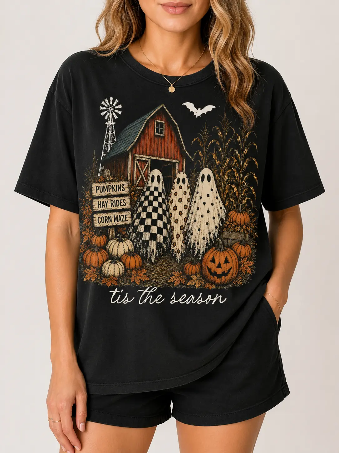 Tis the Season Trio Sweatshirt, Pumpkin Patch Farmhouse Halloween Crewneck, Checkered Floral Fall Top