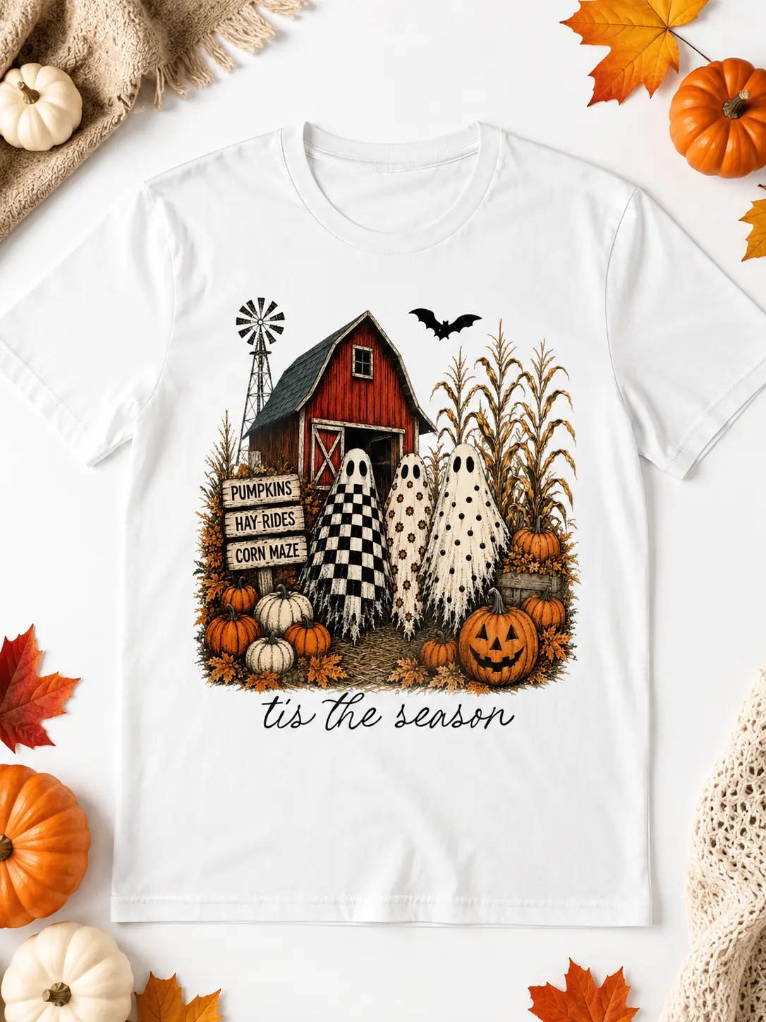 Tis the Season Trio Sweatshirt, Pumpkin Patch Farmhouse Halloween Crewneck, Checkered Floral Fall Top - photo 2