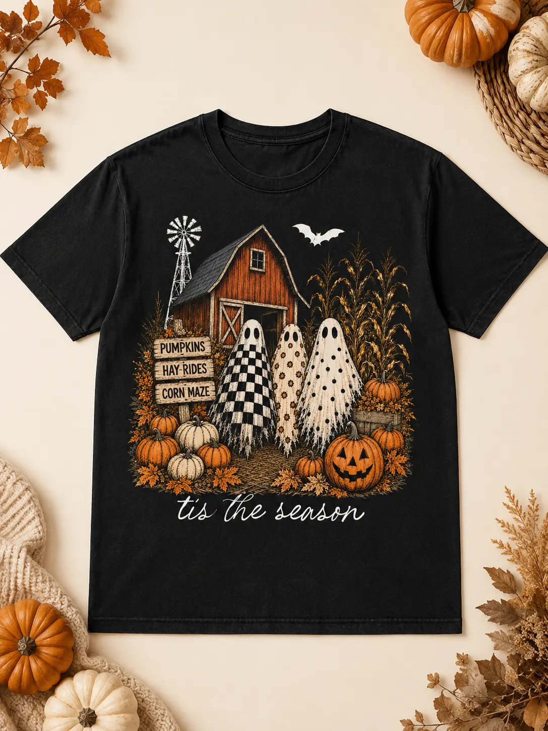 Tis the Season Trio Sweatshirt, Pumpkin Patch Farmhouse Halloween Crewneck, Checkered Floral Fall Top - photo 3