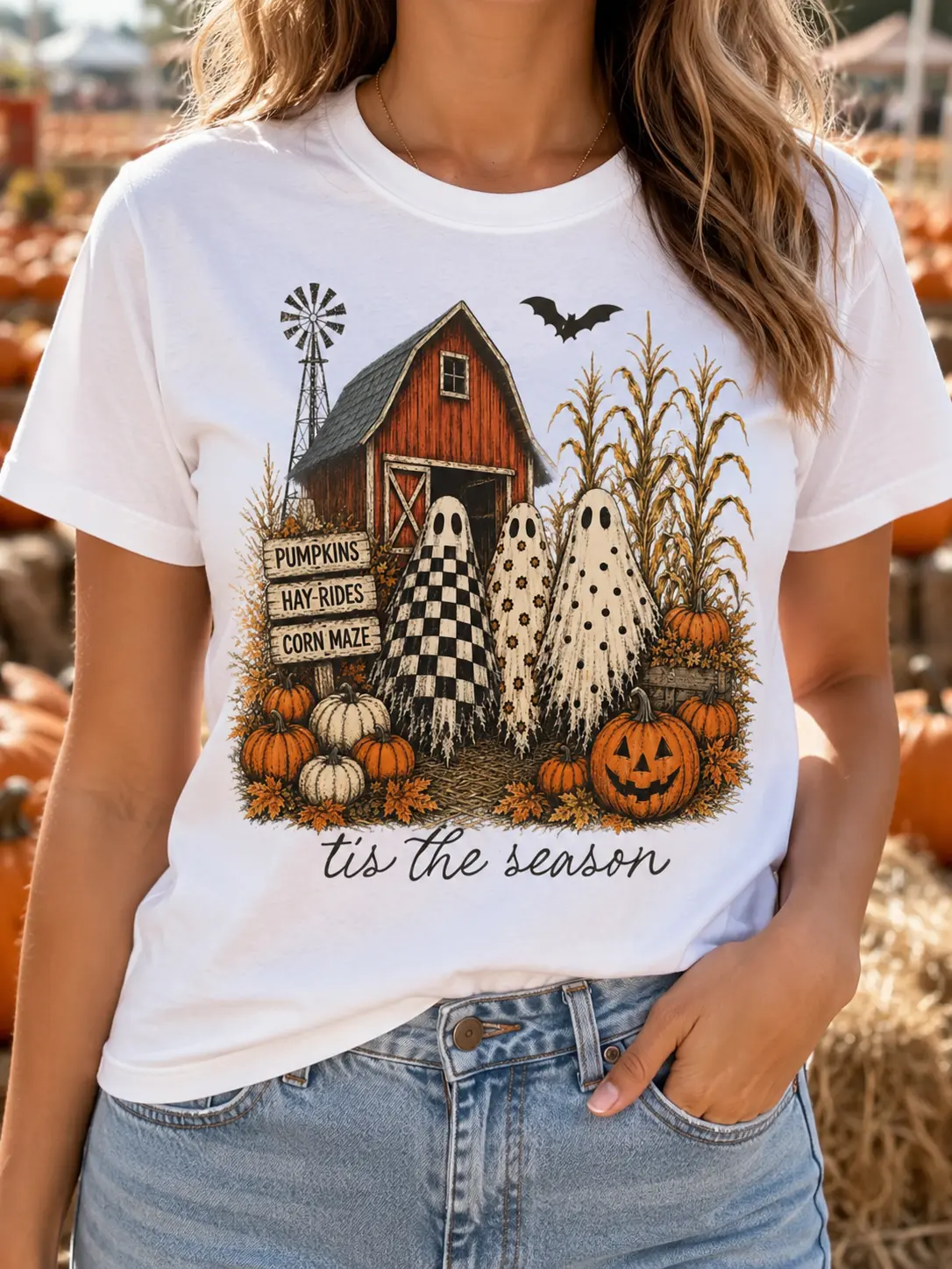 Tis the Season Trio Sweatshirt, Pumpkin Patch Farmhouse Halloween Crewneck, Checkered Floral Fall Top - photo 4
