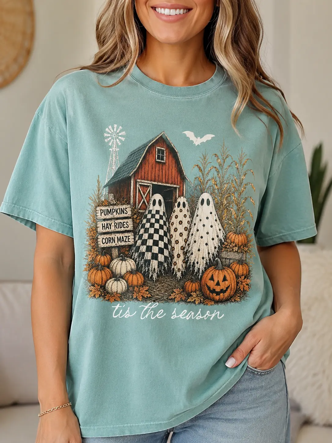 Tis the Season Trio Sweatshirt, Pumpkin Patch Farmhouse Halloween Crewneck, Checkered Floral Fall Top - photo 5