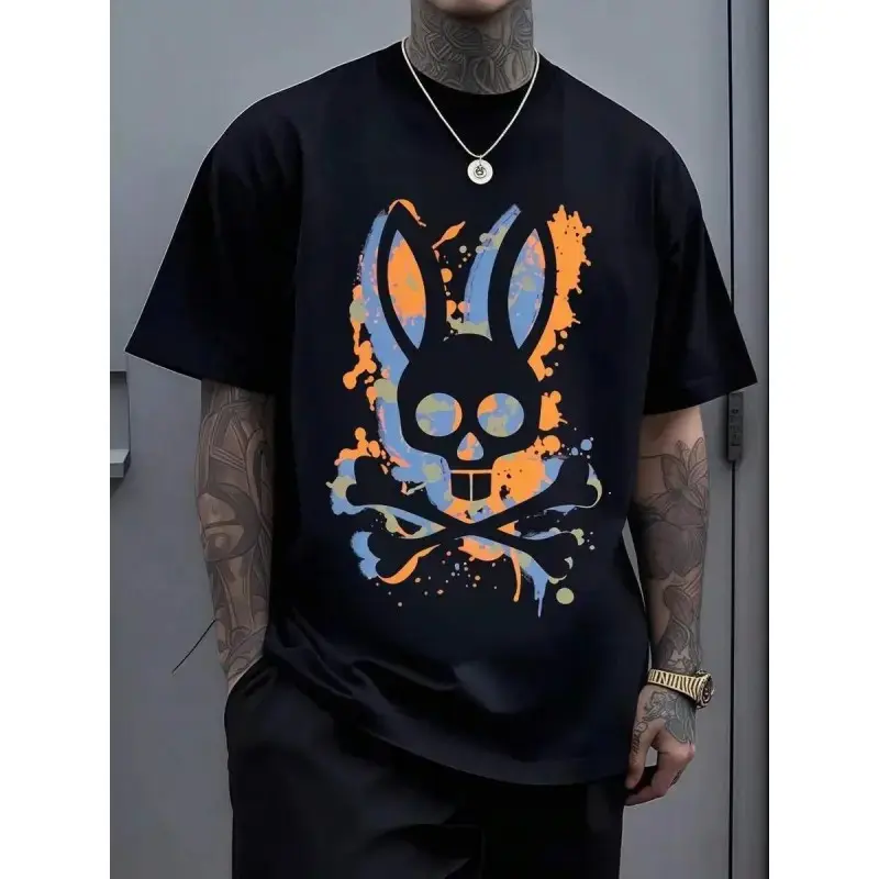 Colorful Skull Rabbit Head Crossed Bones Graphic T-Shirt, Rock Punk Edgy Streetwear Cotton Top for Women