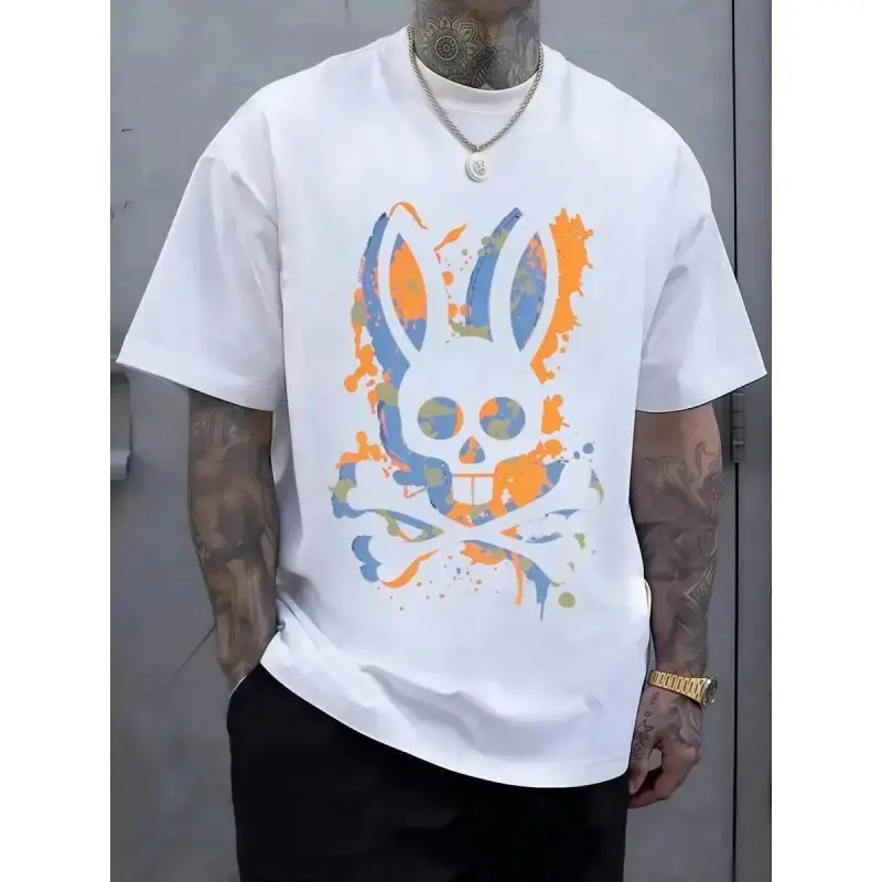 Colorful Skull Rabbit Head Crossed Bones Graphic T-Shirt, Rock Punk Edgy Streetwear Cotton Top for Women - photo 2