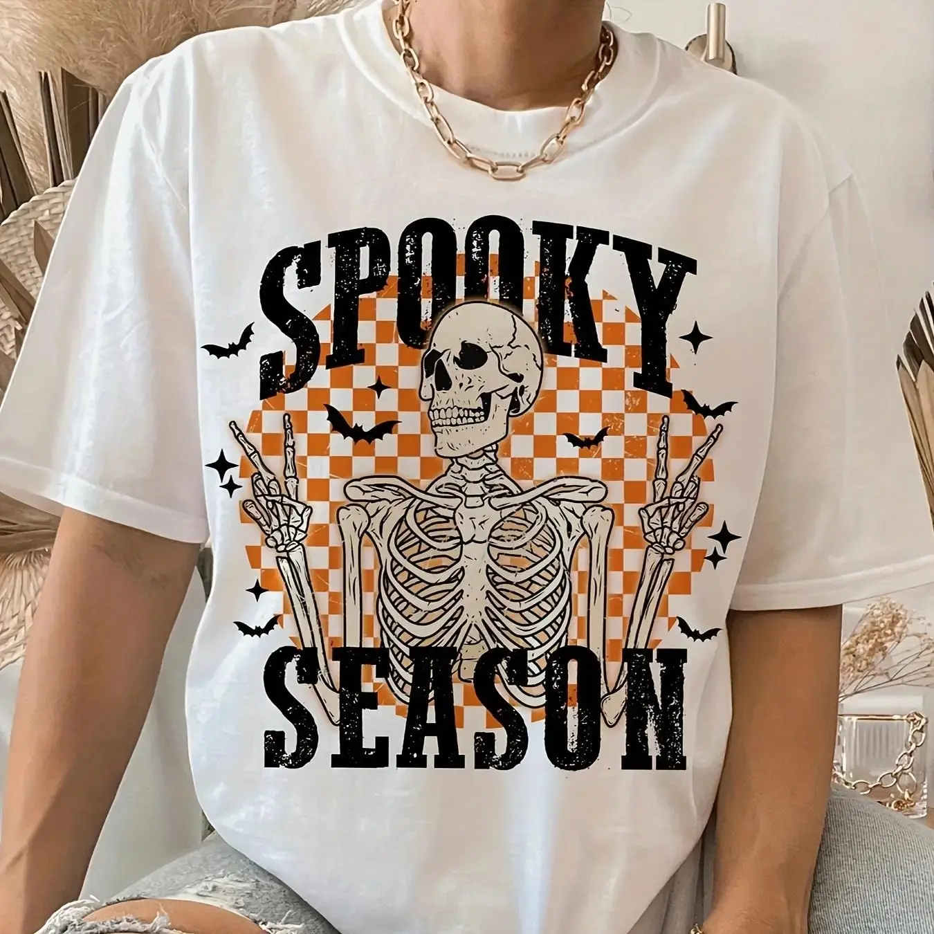 Women's Halloween T-Shirt, 100% Cotton Letter Print Graphic Tee, 2026 Fall Holiday Casual Short Sleeve Crew Neck Top