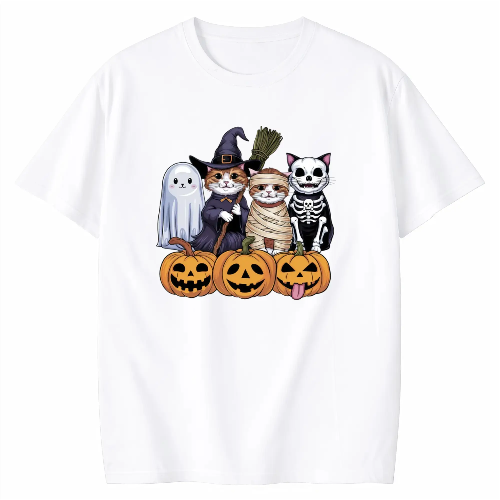 Women's Halloween T-Shirt, Witch Hat Pumpkin Cat Costume Graphic Tee, Casual Crew Neck Fall Holiday Top