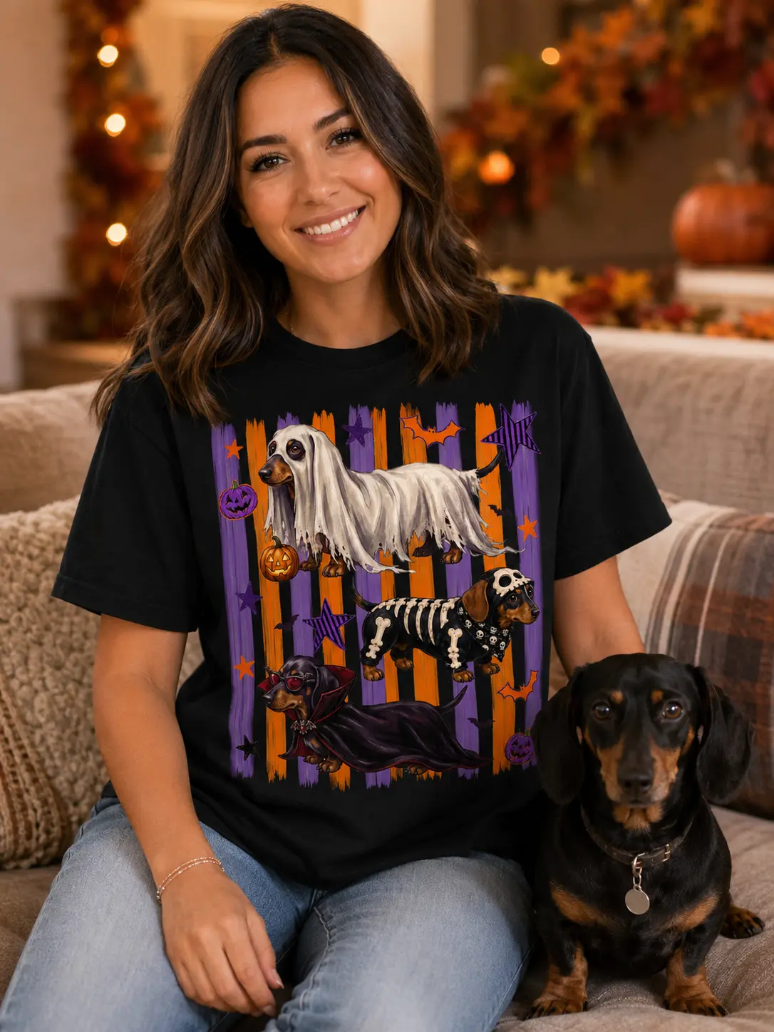 Women's Halloween Dachshund Graphic T-Shirt, Casual Cotton Short Sleeve Tee for Dog Moms - photo 4